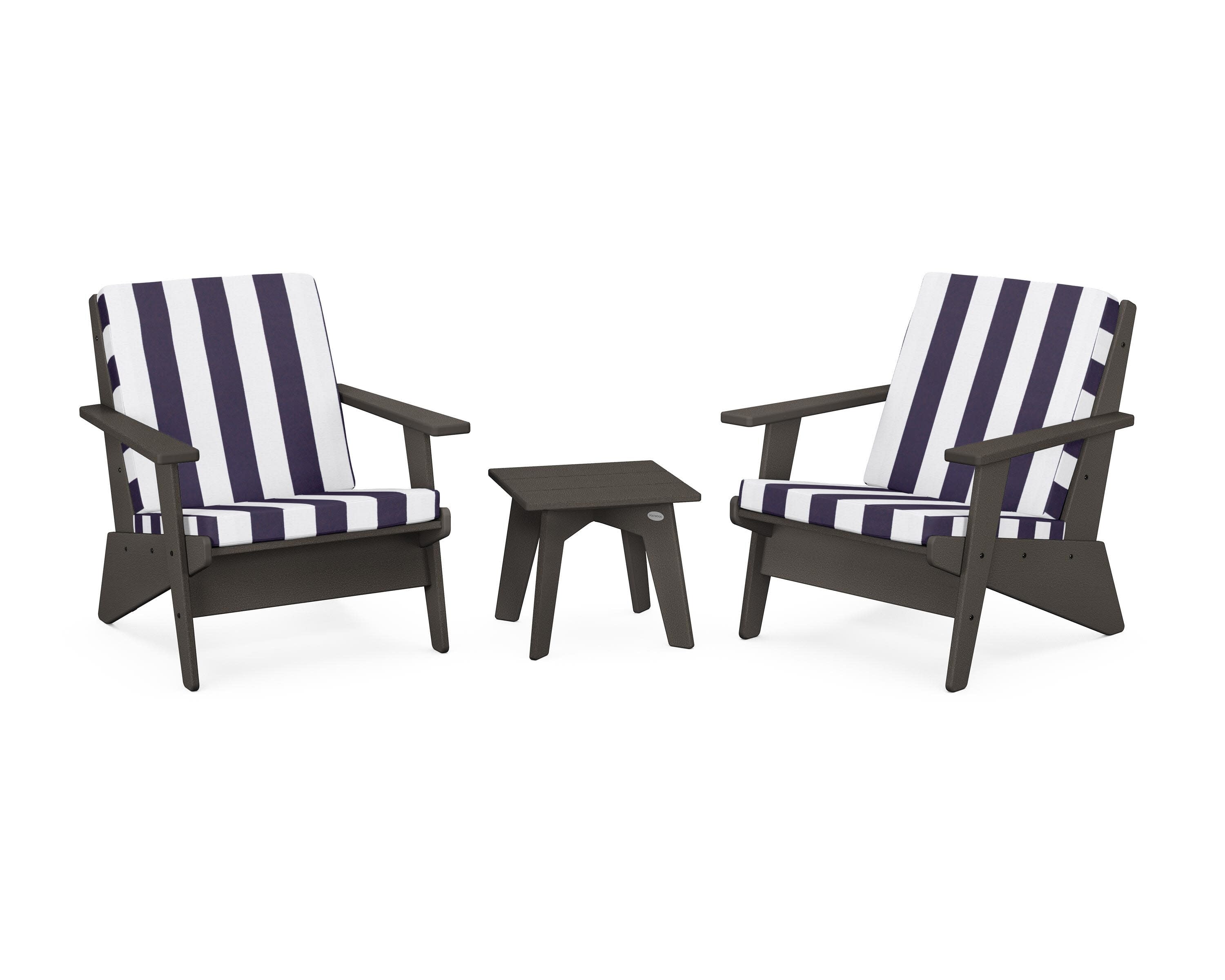 Riviera Modern Lounge 3-Piece Set in Vintage Coffee / Cabana Stripe Navy