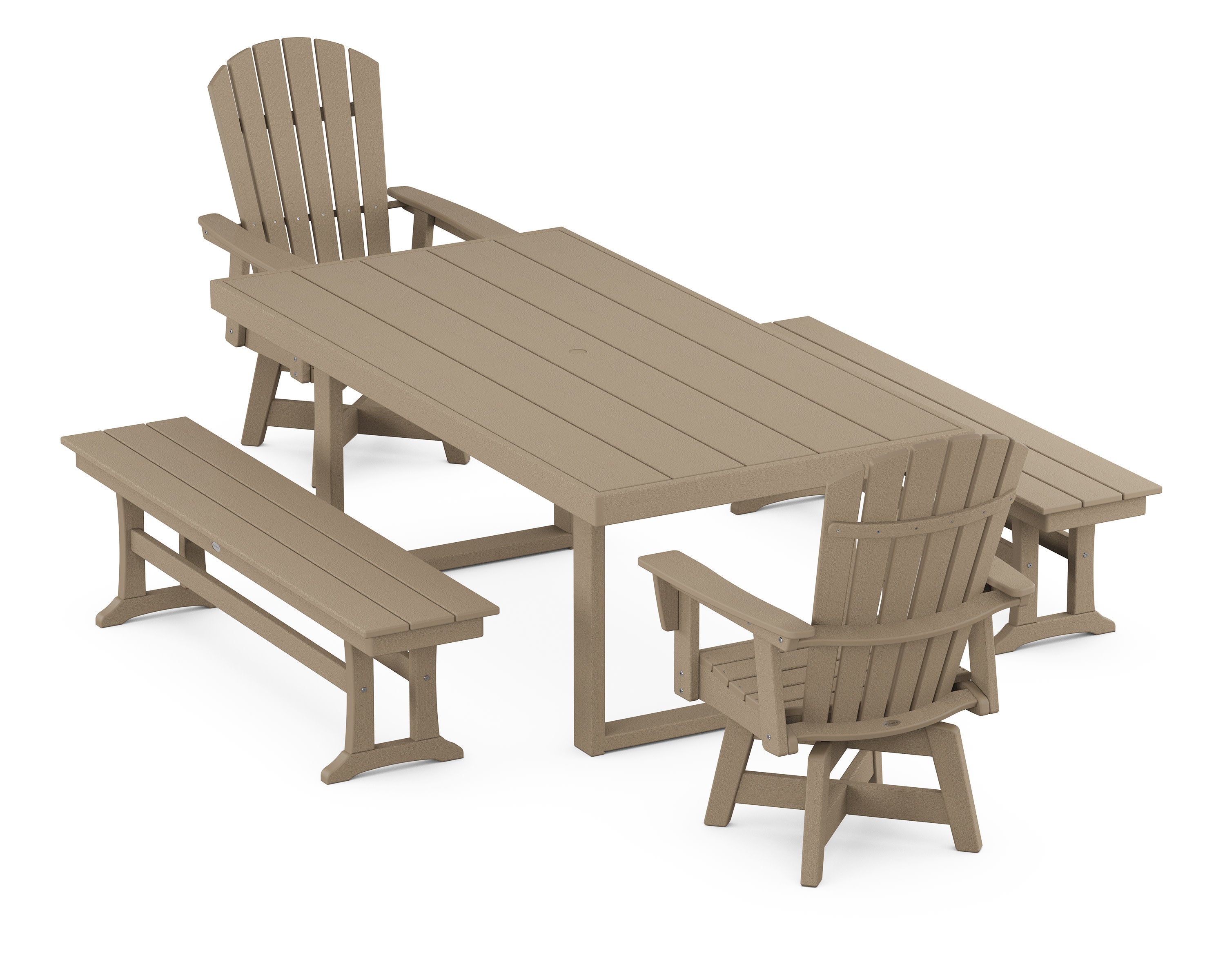 Nautical Curveback Adirondack Swivel Chair 5-Piece Dining Set with Benches in Vintage Sahara
