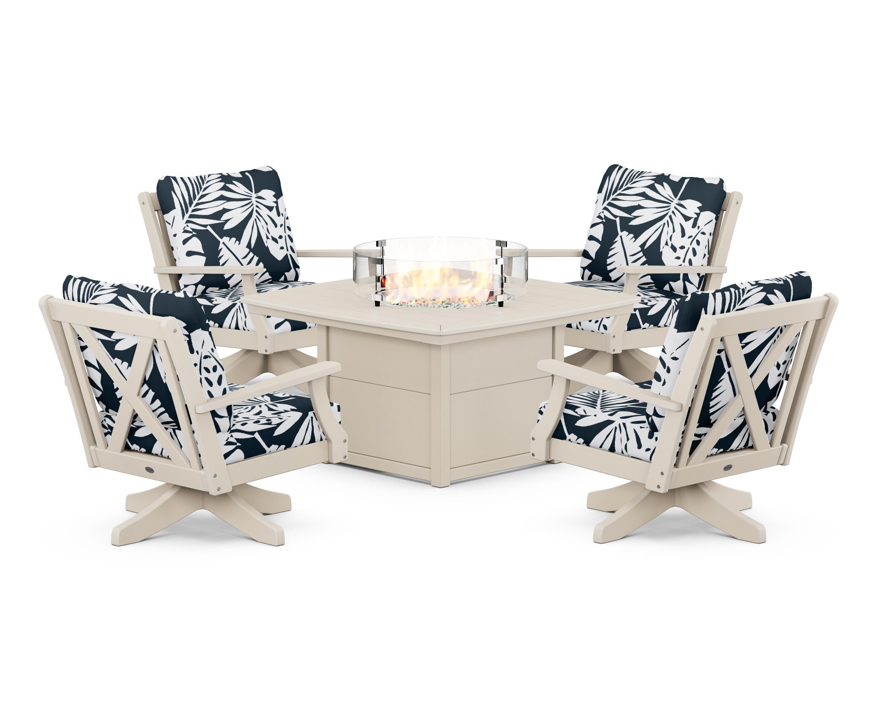 Braxton 5-Piece Deep Seating Swivel Conversation Set with Fire Pit Table in Sand / Leaf Marine Indigo
