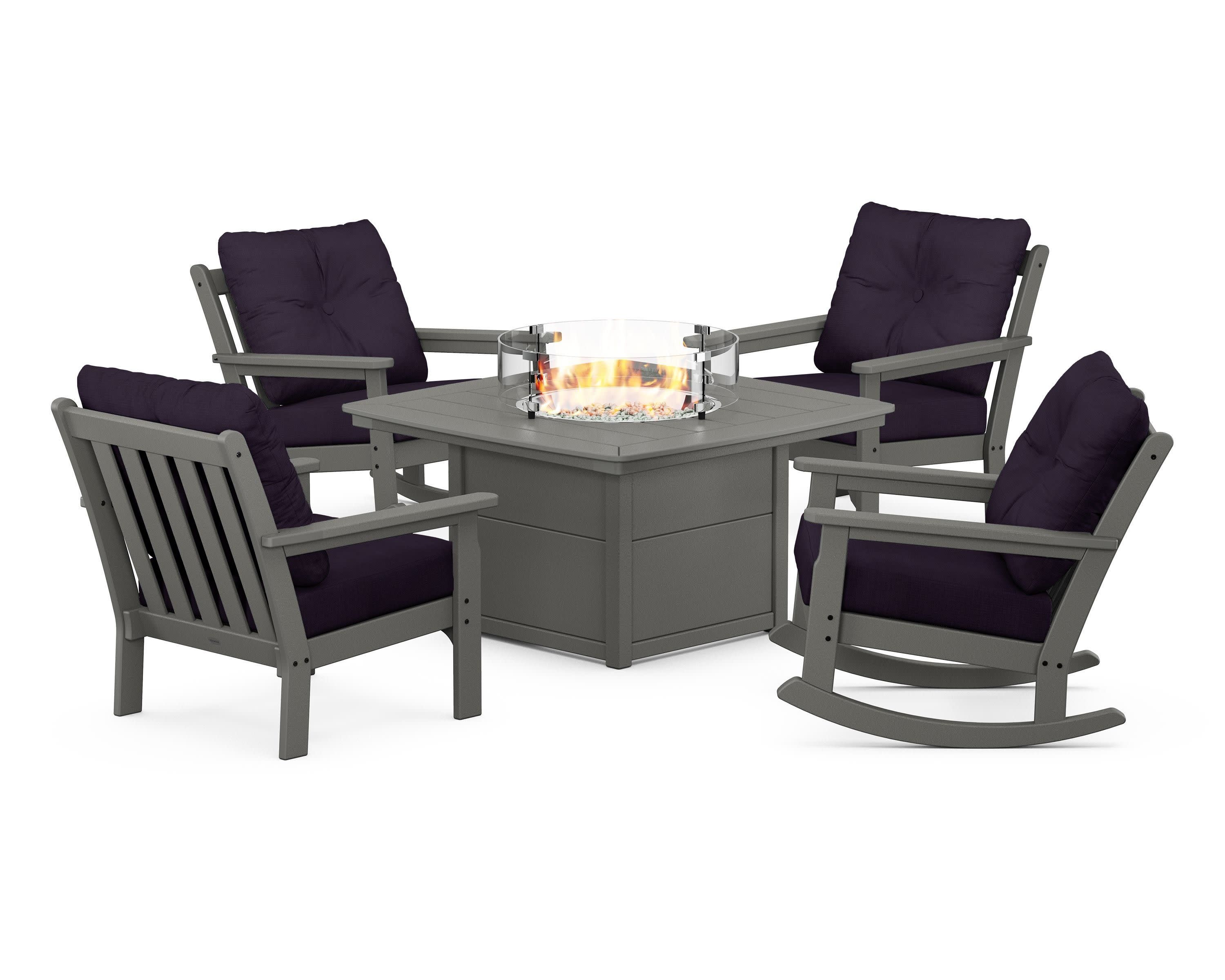 Vineyard 5-Piece Deep Seating Rocking Chair Conversation Set with Fire Pit Table in Slate Grey / Navy Linen
