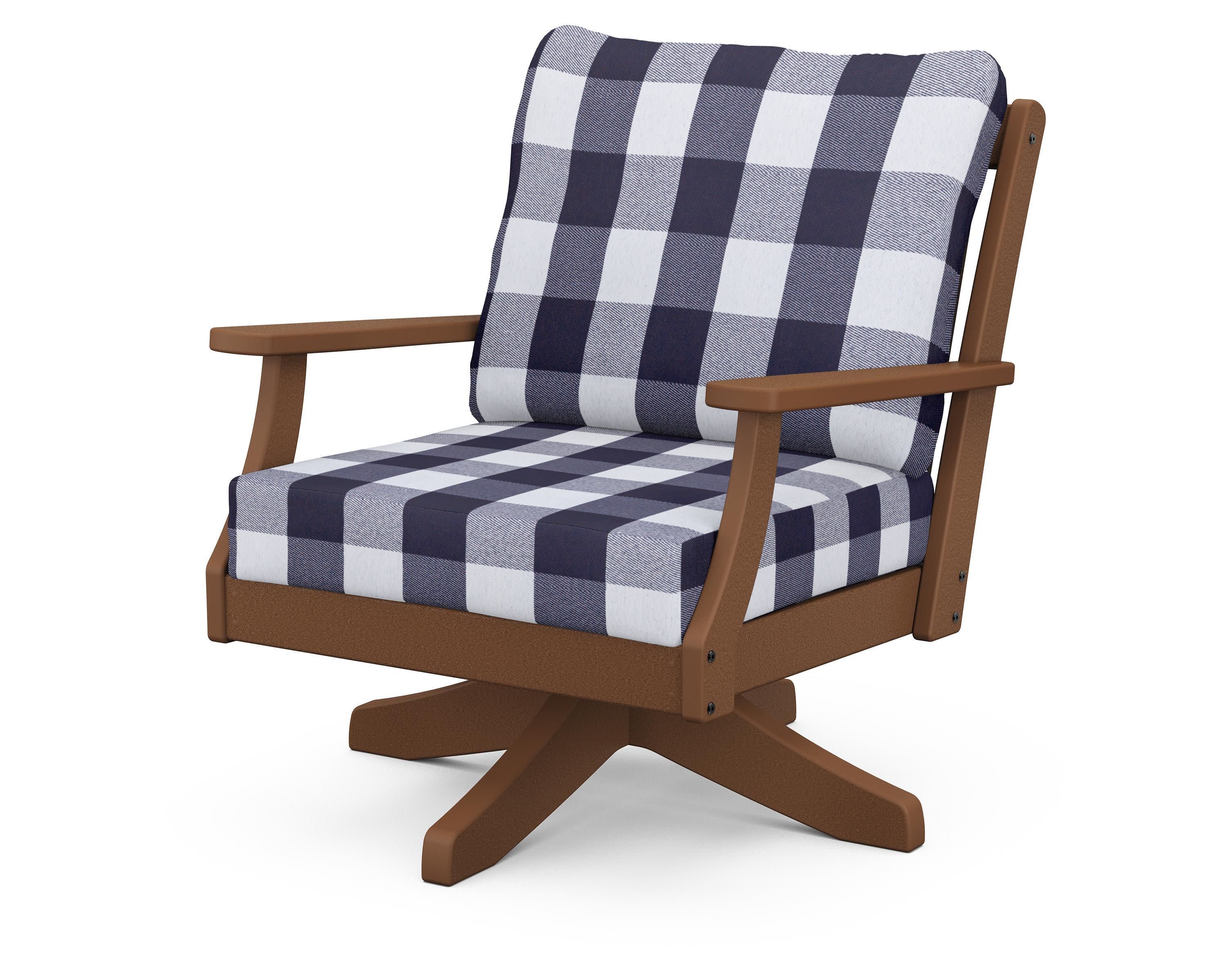 Braxton Deep Seating Swivel Chair in Teak / Buffalo Plaid Navy