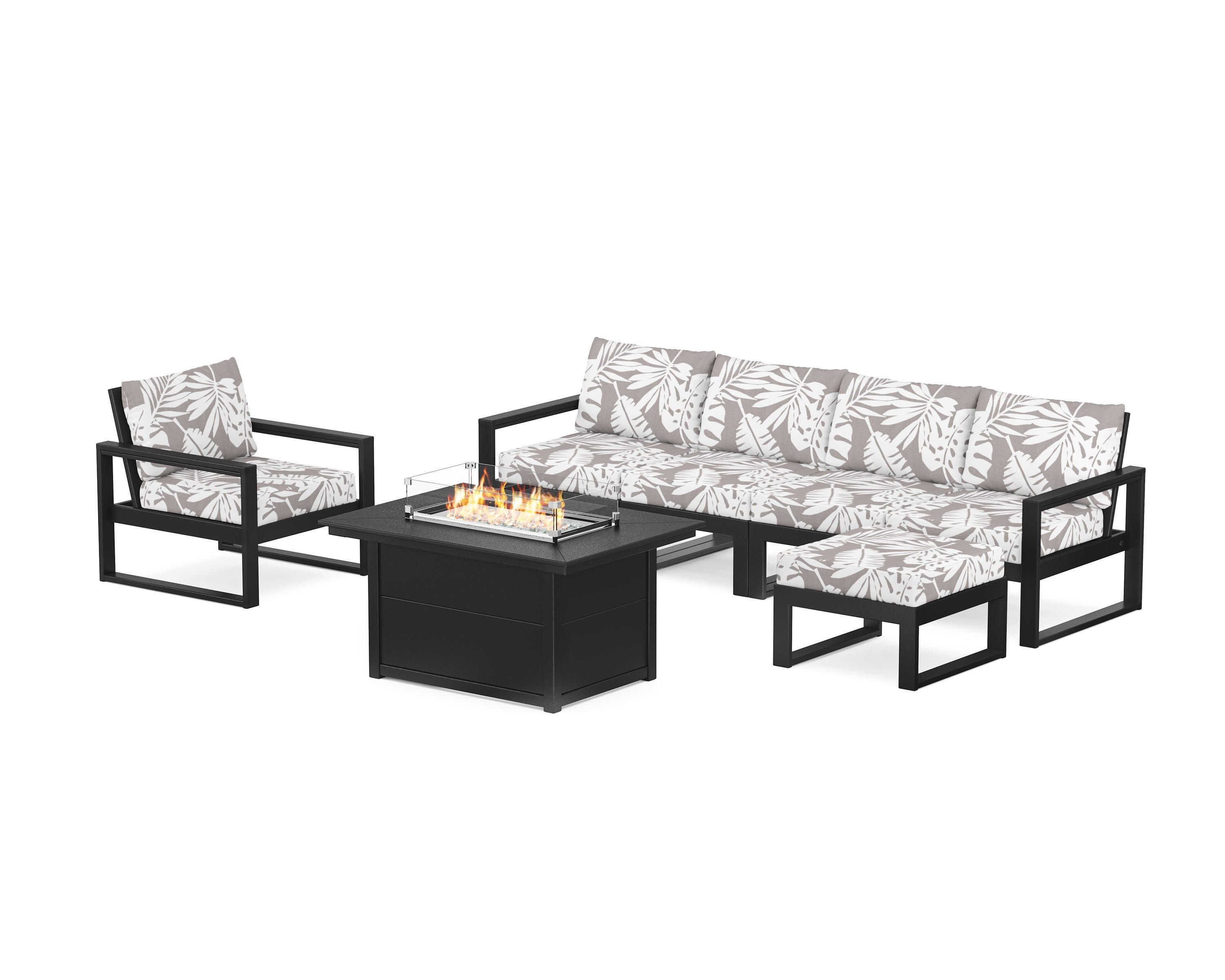 EDGE Sectional Lounge and Fire Pit Set in Black / Leaf Grey Mist