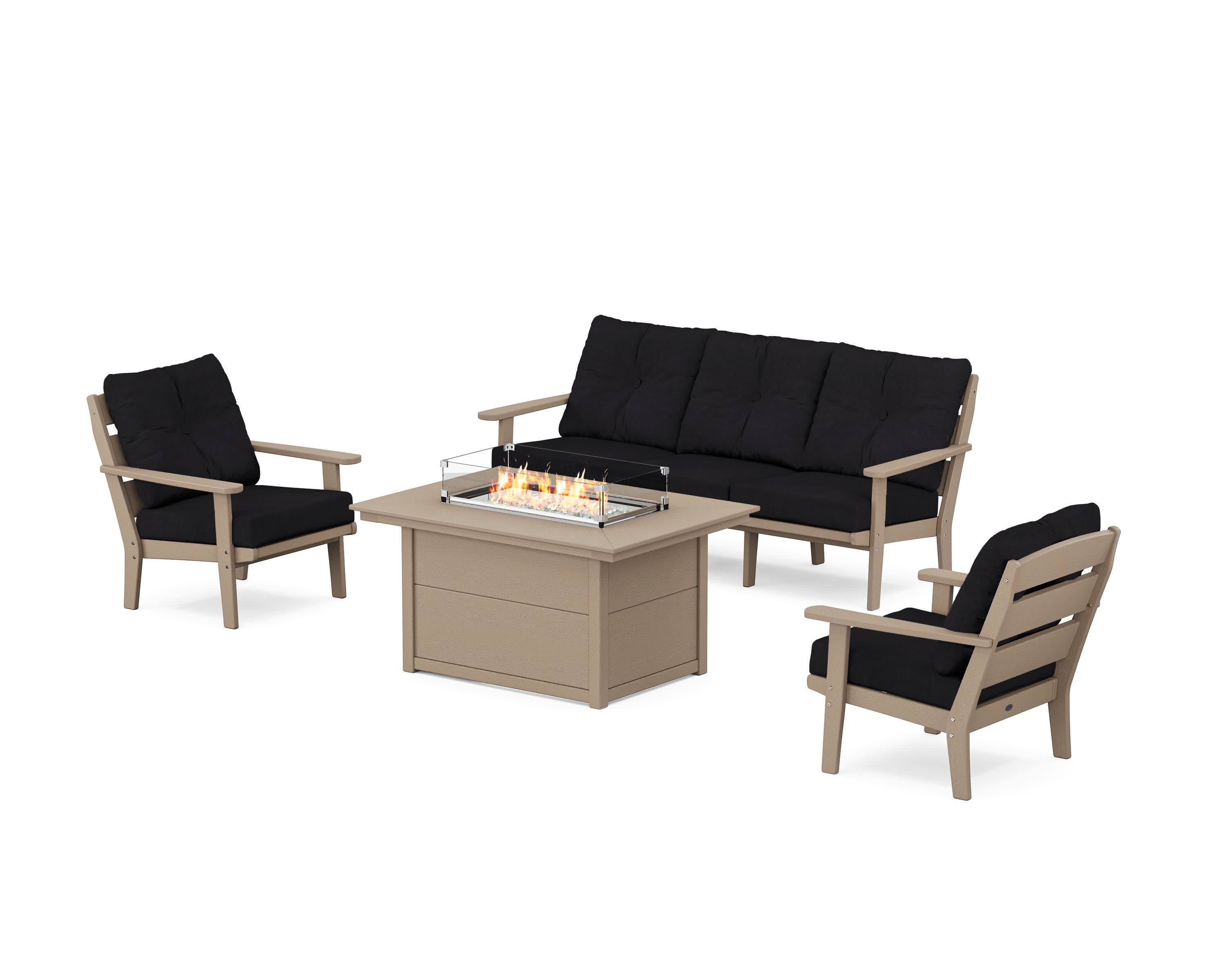 Lakeside Deep Seating Fire Pit Table Set in Vintage Sahara / Midnight Linen