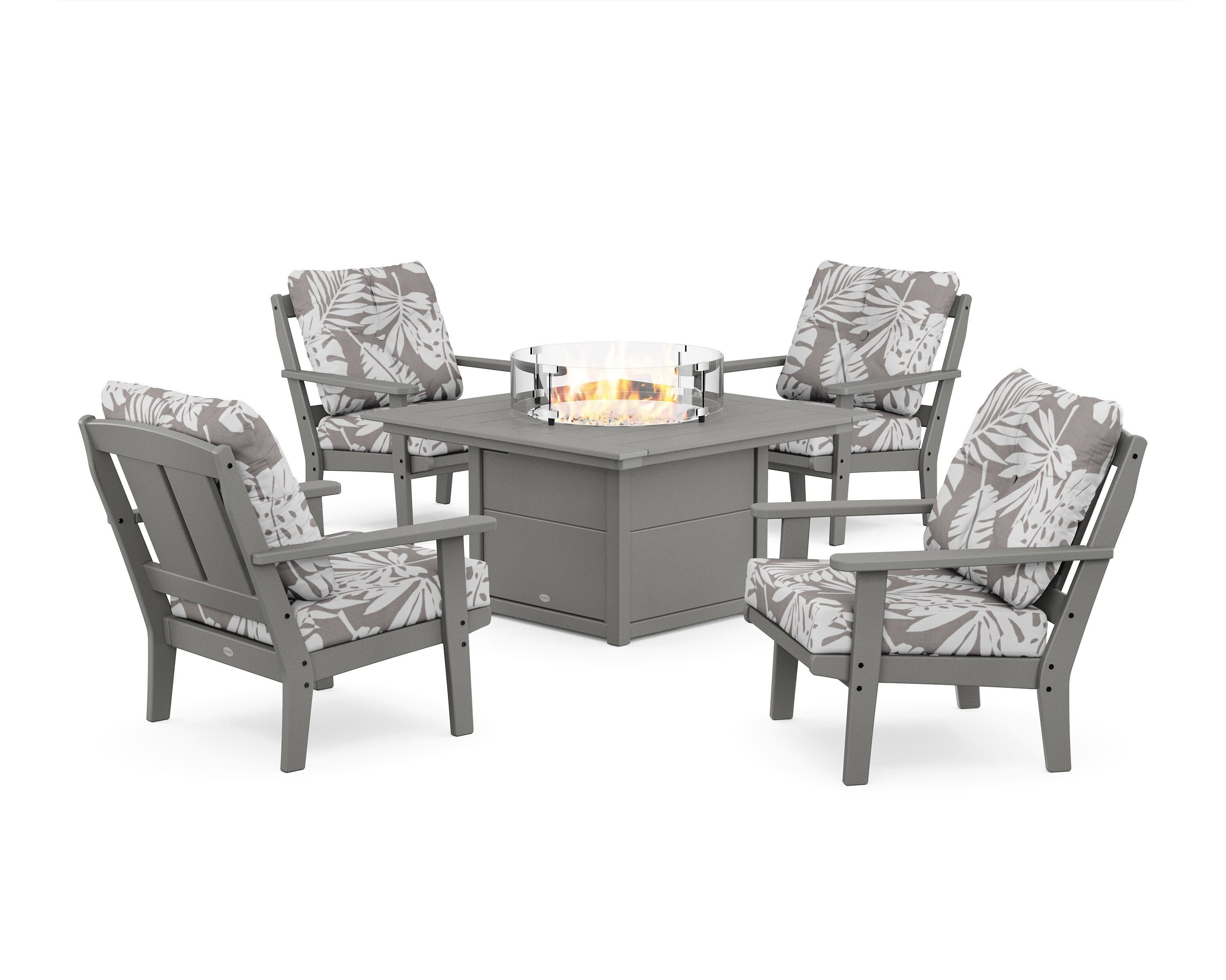 Mission 5-Piece Deep Seating Set with Fire Pit Table in Slate Grey / Leaf Grey Mist