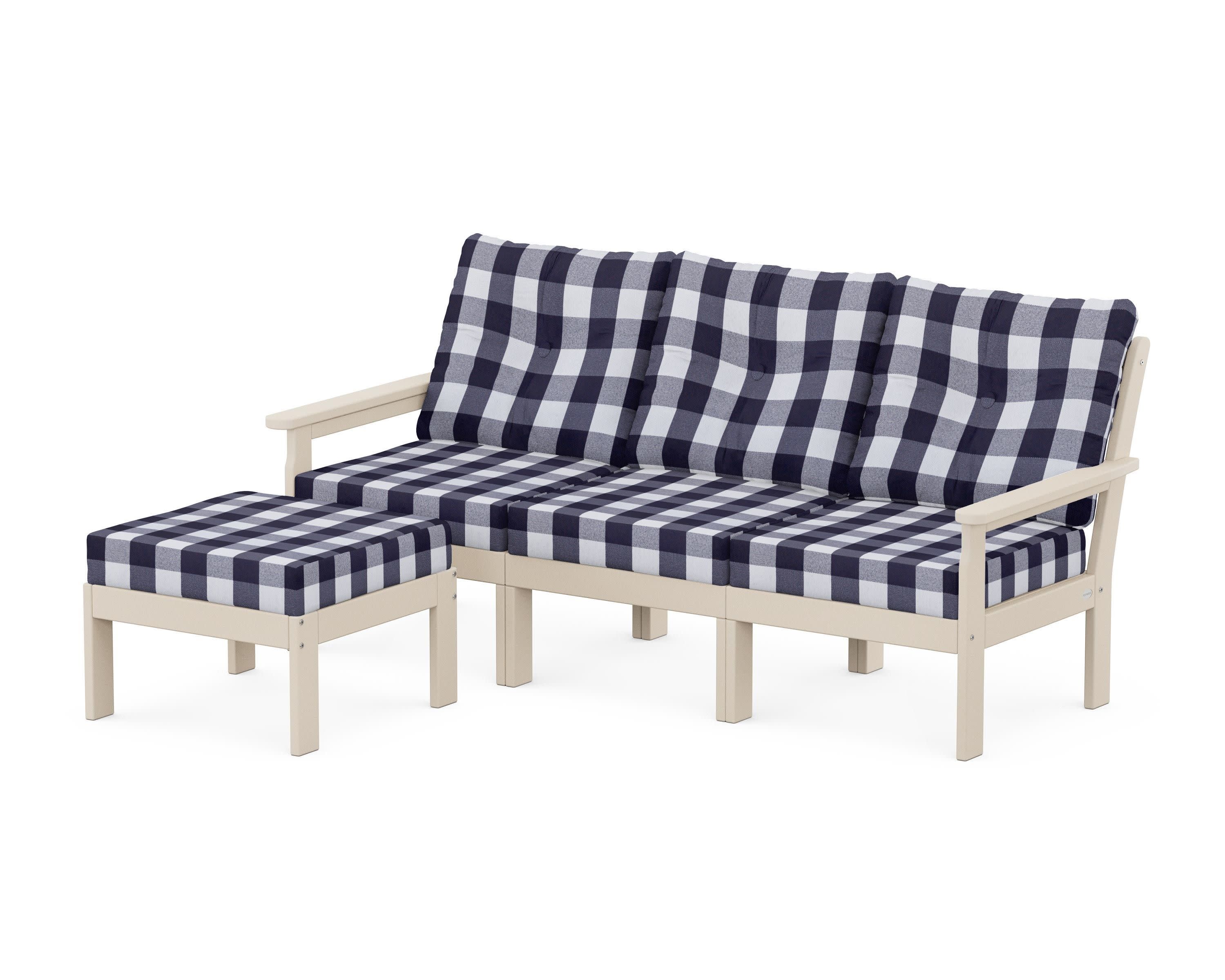 Vineyard 4-Piece Sectional with Ottoman in Sand / Buffalo Plaid Navy