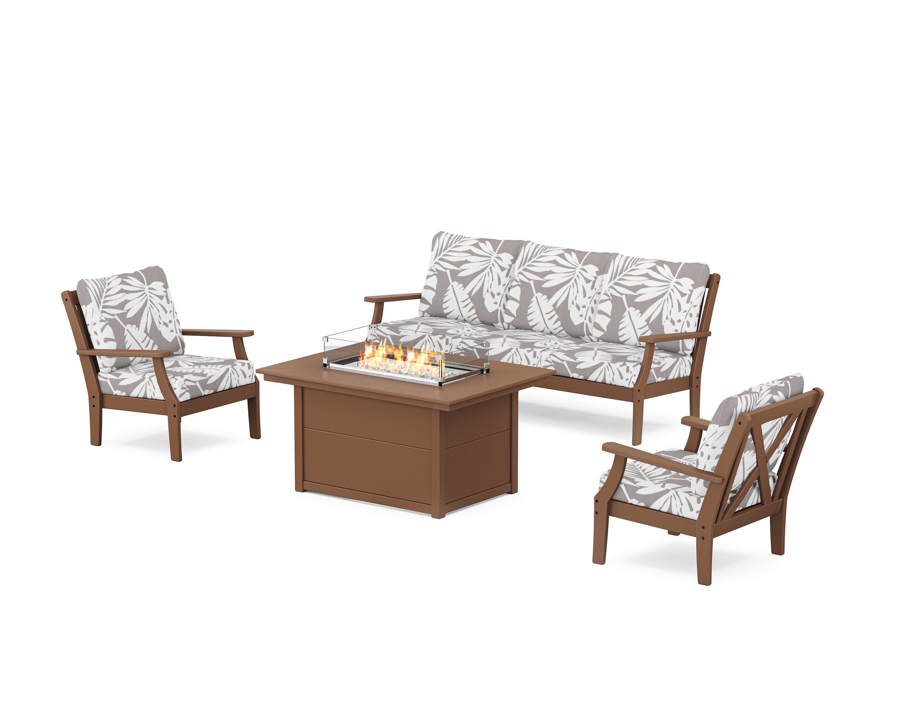 Braxton Deep Seating Fire Pit Table Set in Teak / Leaf Grey Mist
