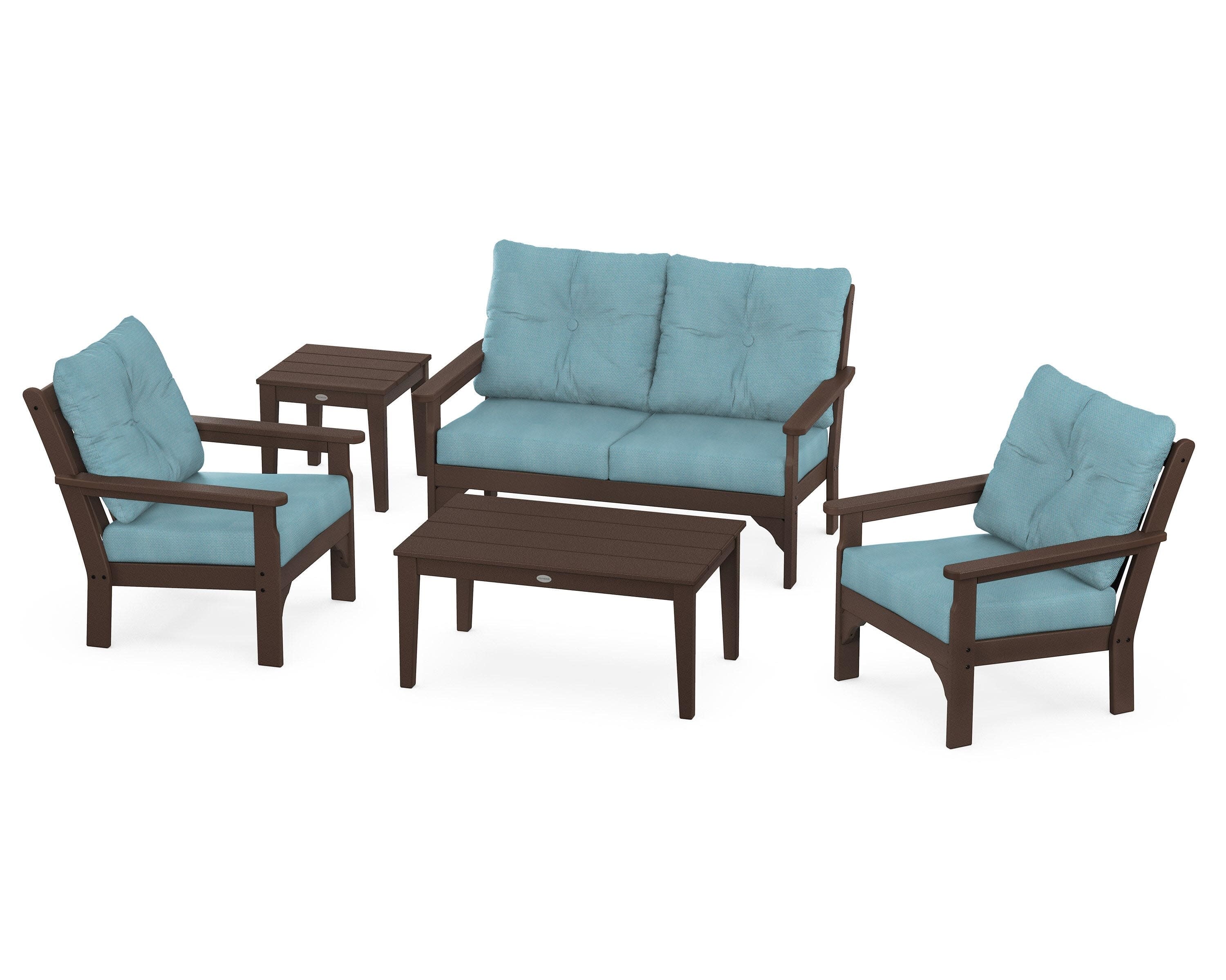 Vineyard 5-Piece Deep Seating Set in Mahogany / Lattice Sky Blue