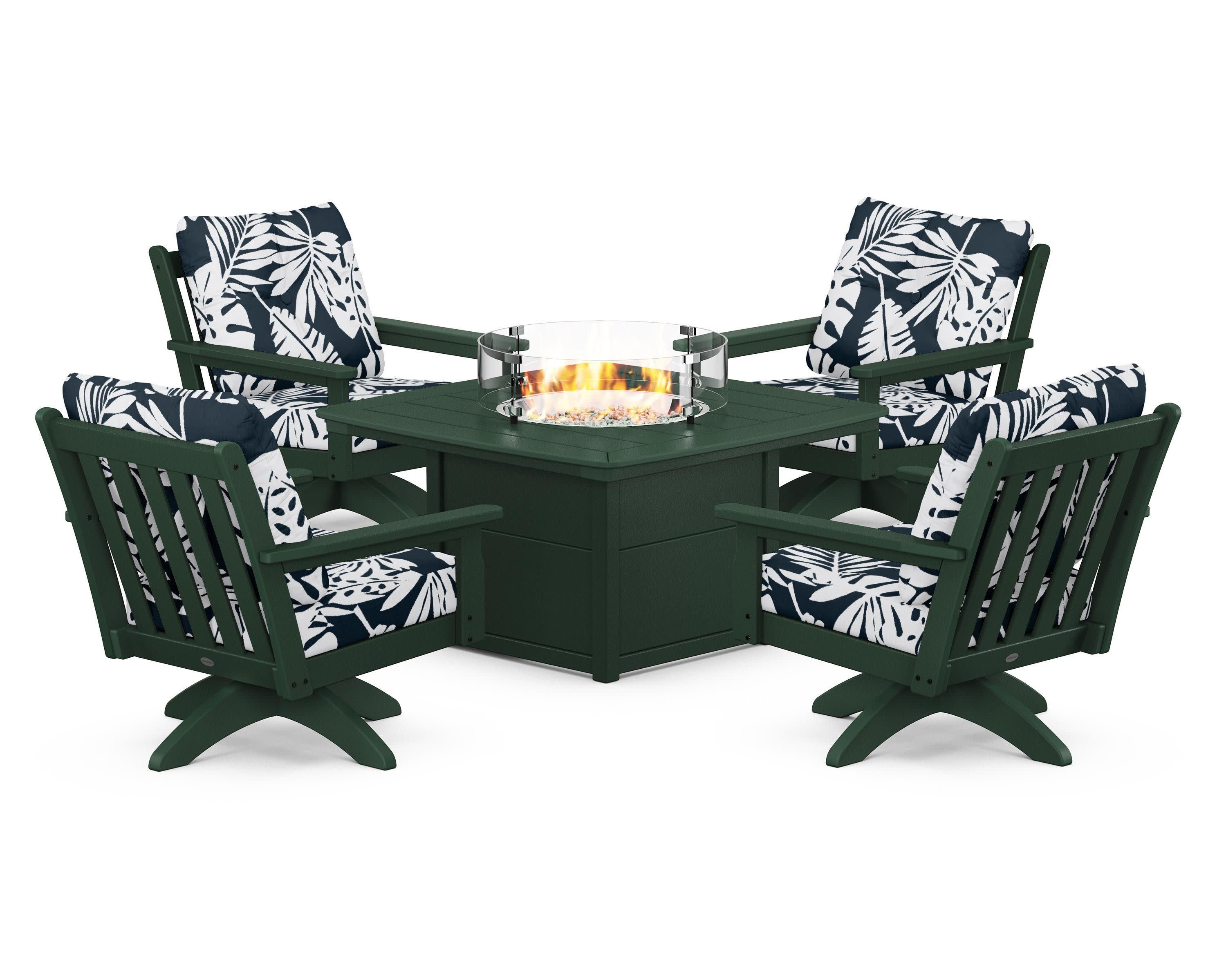 Vineyard 5-Piece Deep Seating Swivel Conversation Set with Fire Pit Table in Green / Leaf Marine Indigo