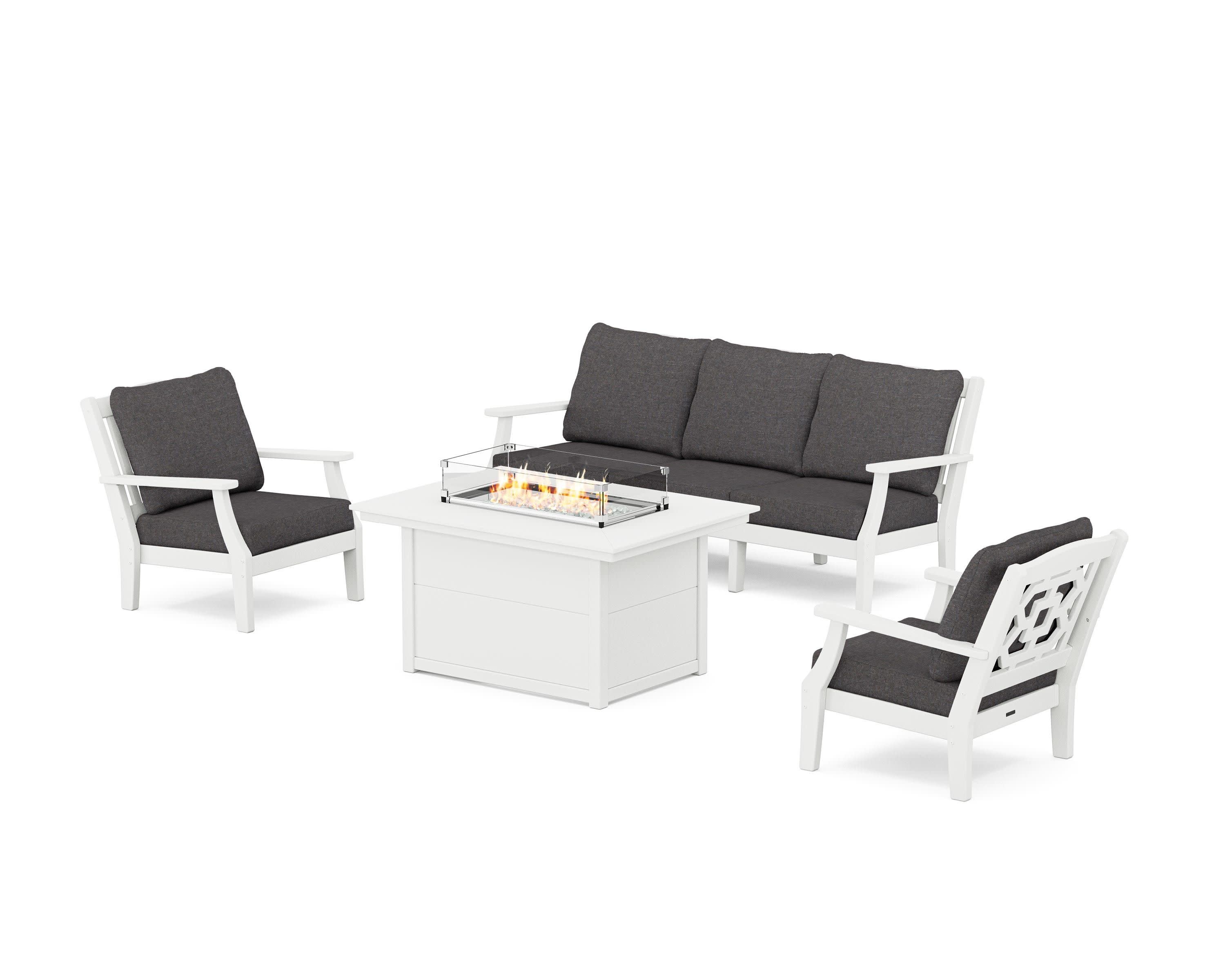 Chinoiserie Deep Seating Fire Pit Table Set in White / Ash Charcoal