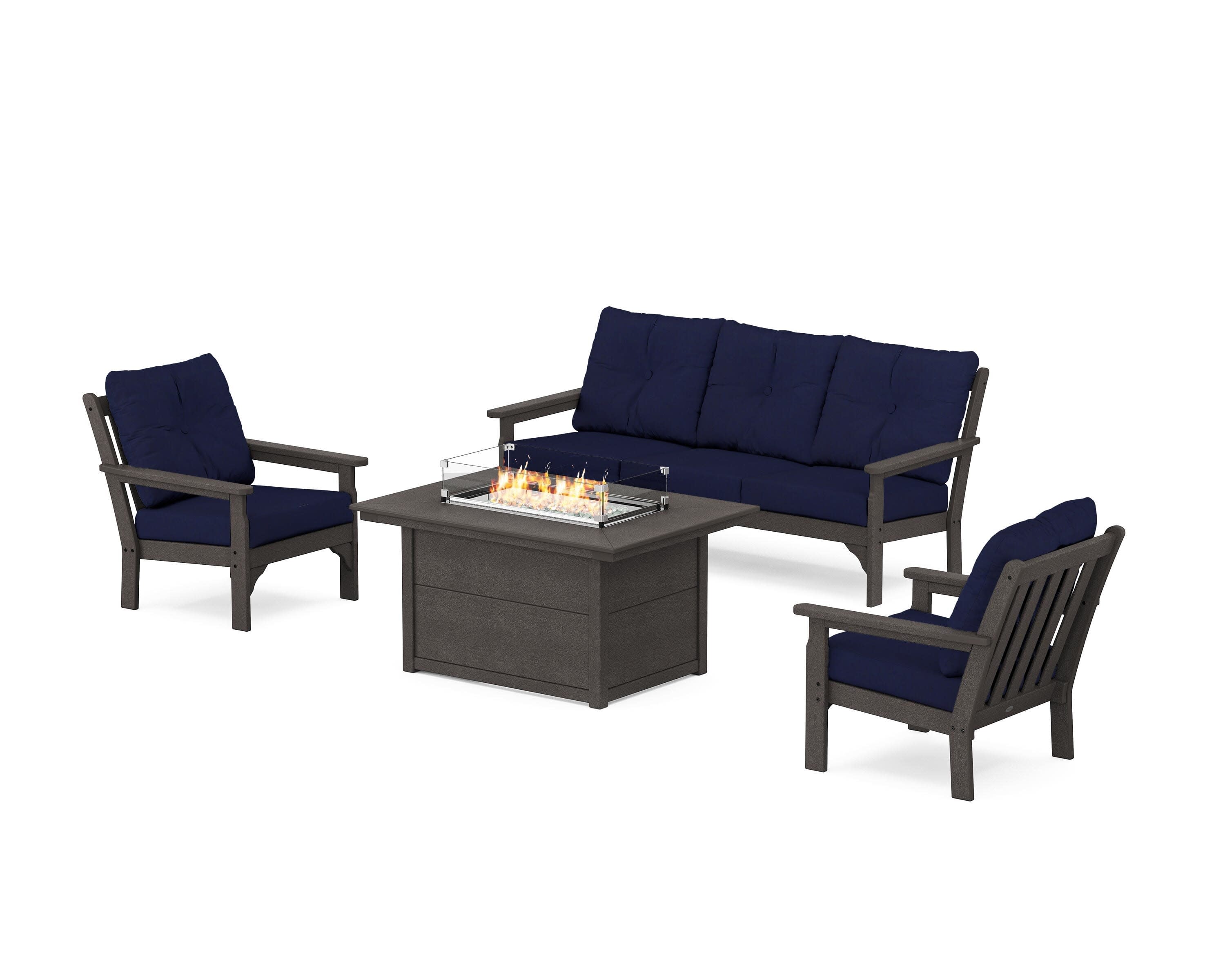Vineyard Deep Seating Fire Pit Table Set in Vintage Coffee / Navy
