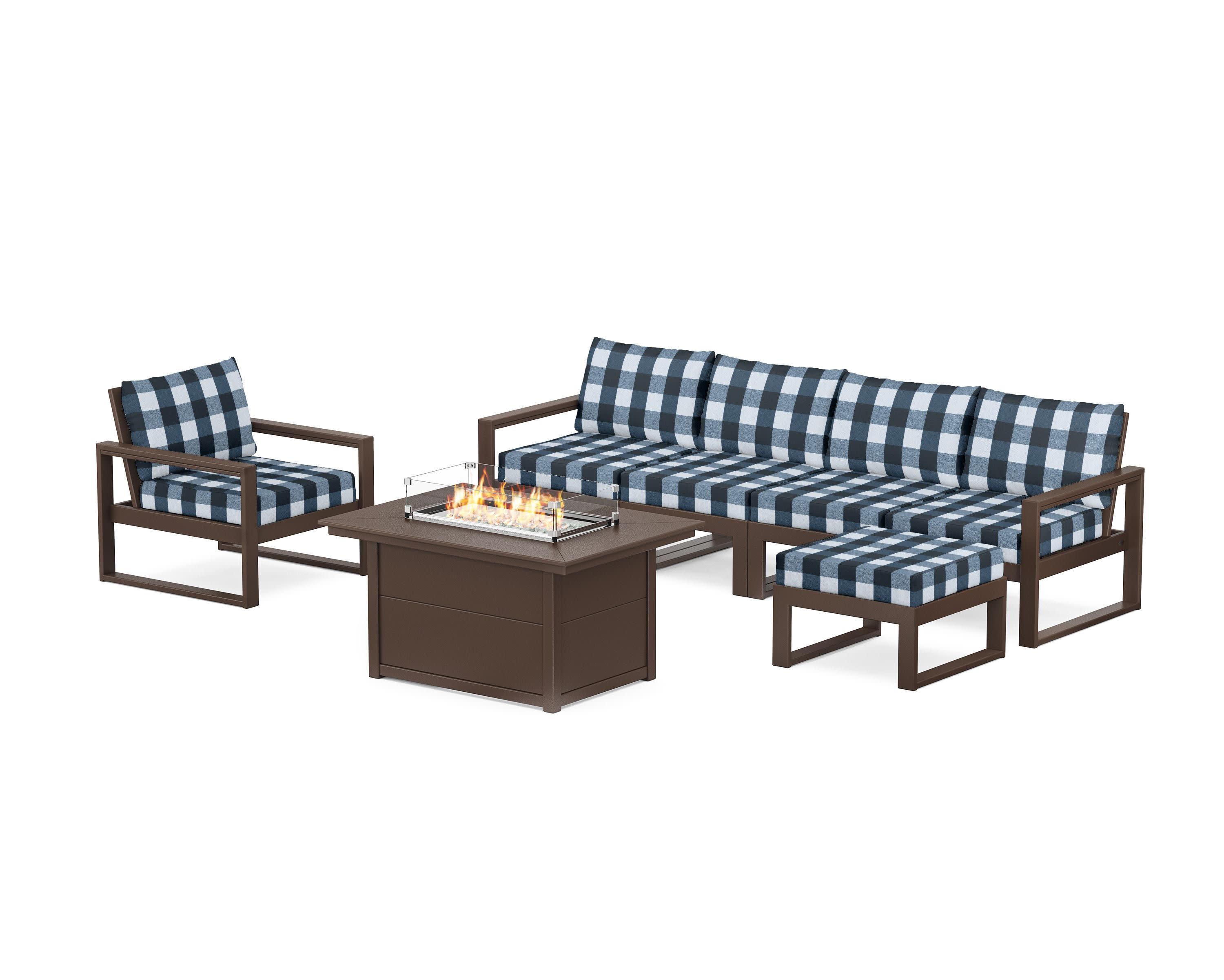 EDGE Sectional Lounge and Fire Pit Set in Mahogany / Buffalo Plaid Marine Indigo