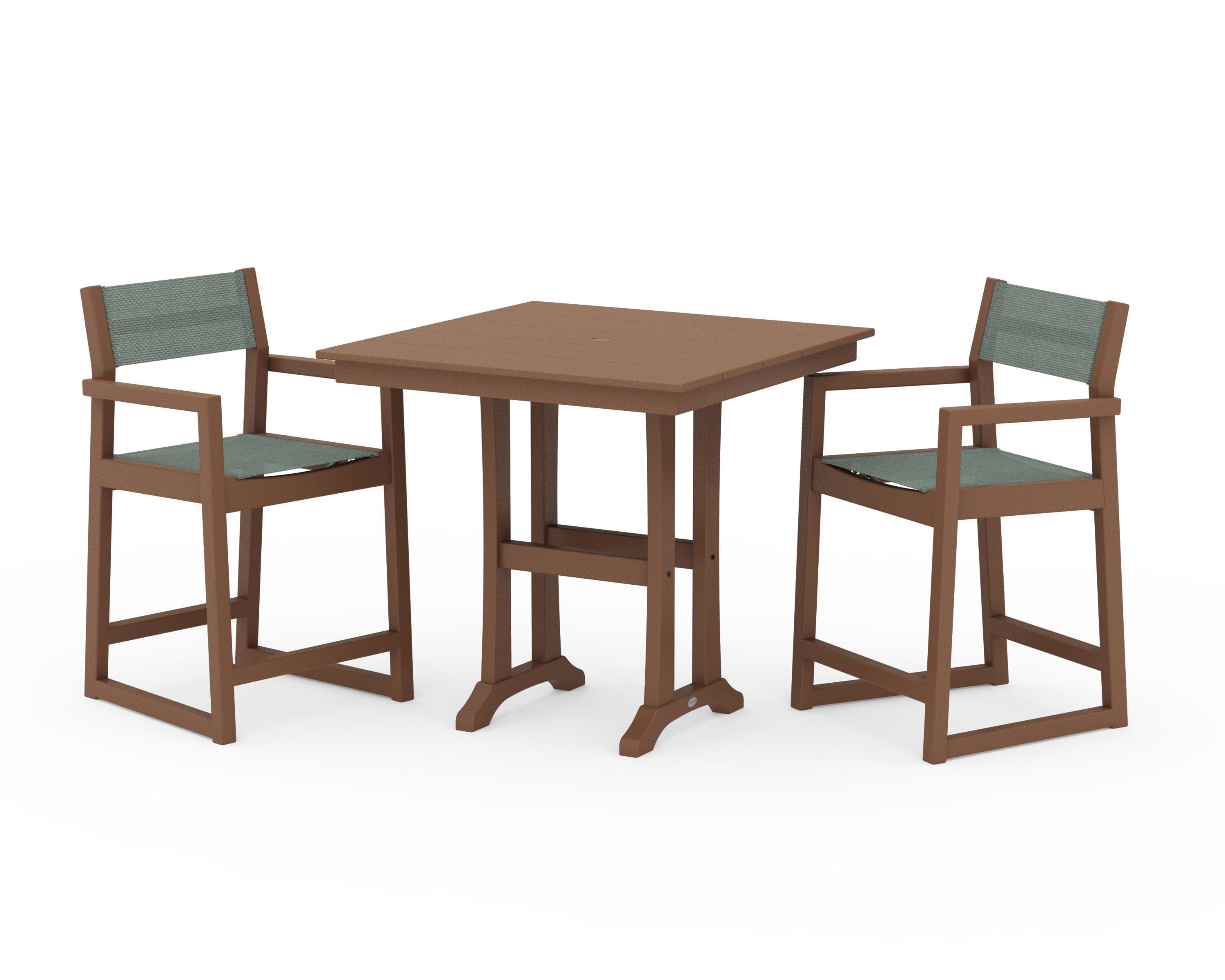 EDGE Sling Arm Chair 3-Piece Farmhouse Counter Set with Trestle Legs in Teak / Dupioni Sea Mist Sling