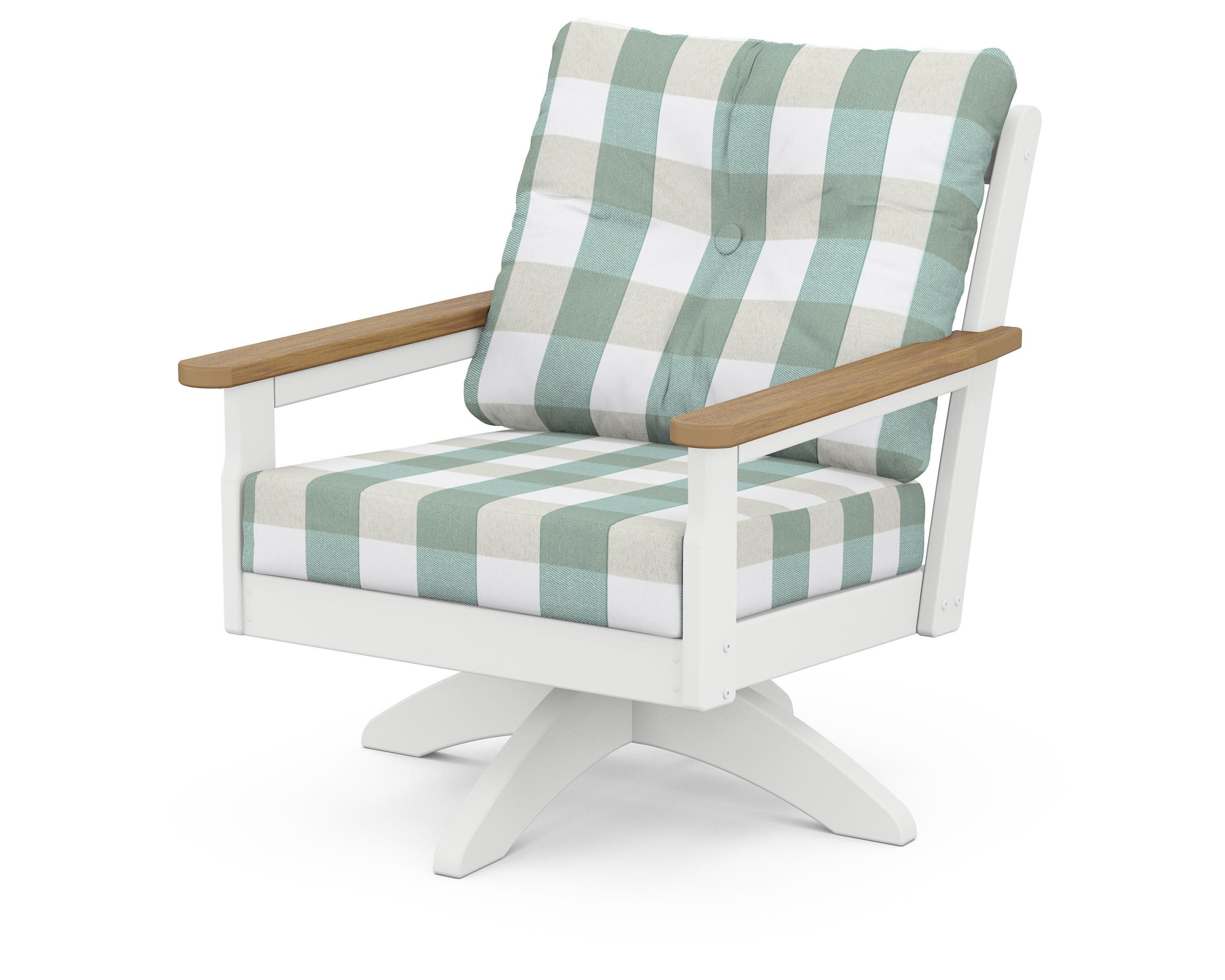 Vineyard Deep Seating Swivel Chair in White / Natural / Buffalo Plaid Glacier Spa