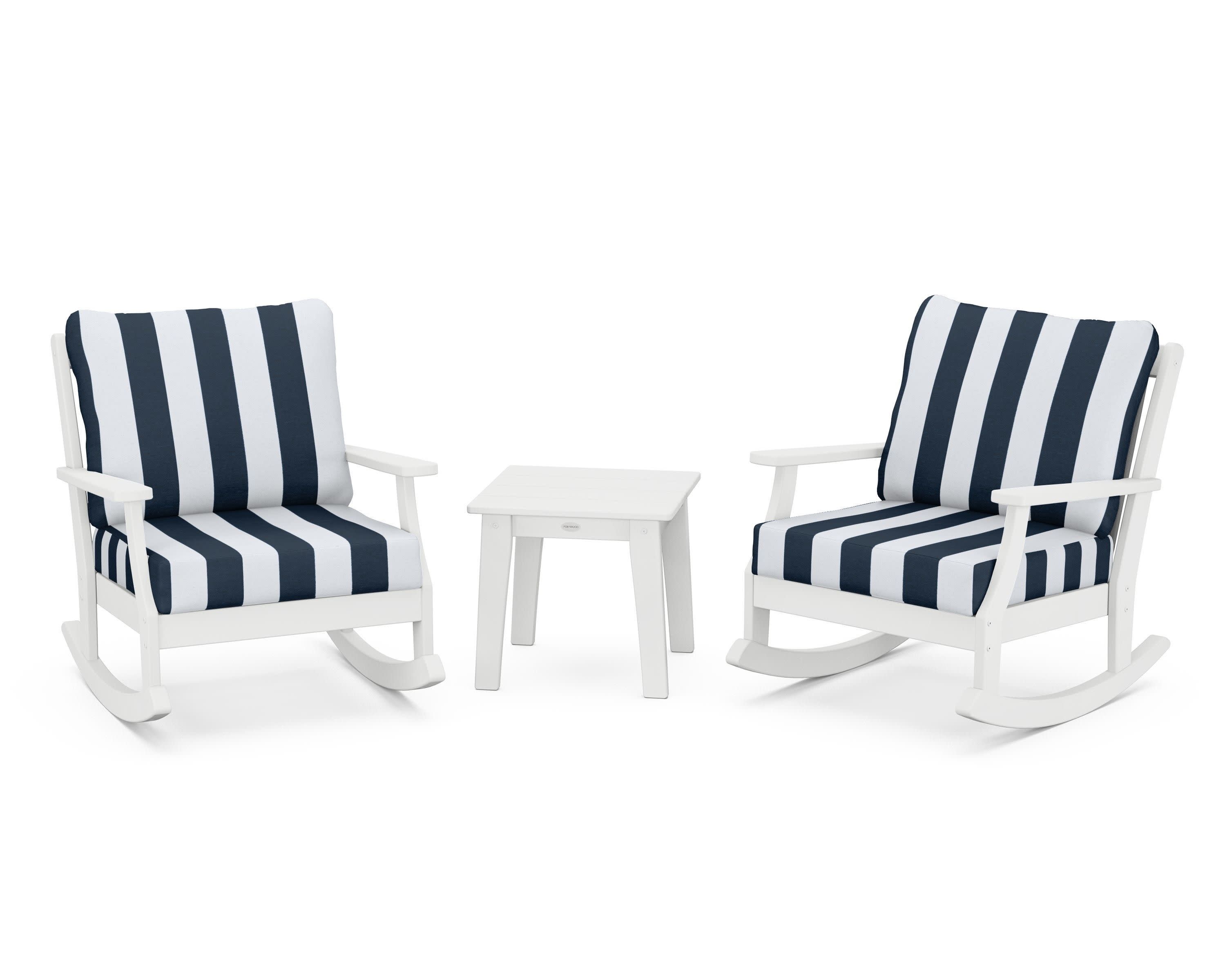 Braxton 3-Piece Deep Seating Rocker Set in White / Cabana Stripe Marine Indigo