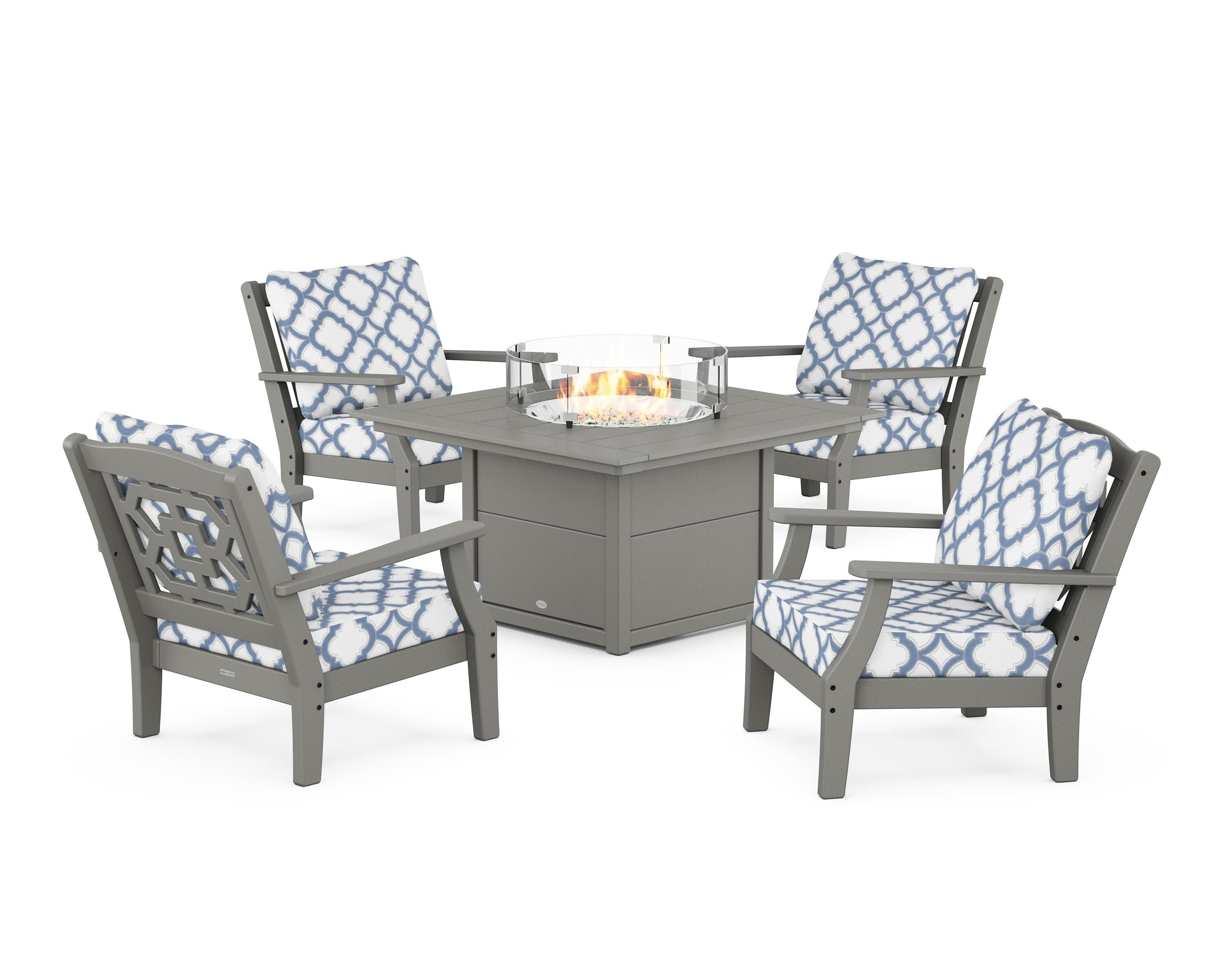 Chinoiserie 5-Piece Deep Seating Set with Fire Pit Table in Slate Grey / Trellis Sky Blue