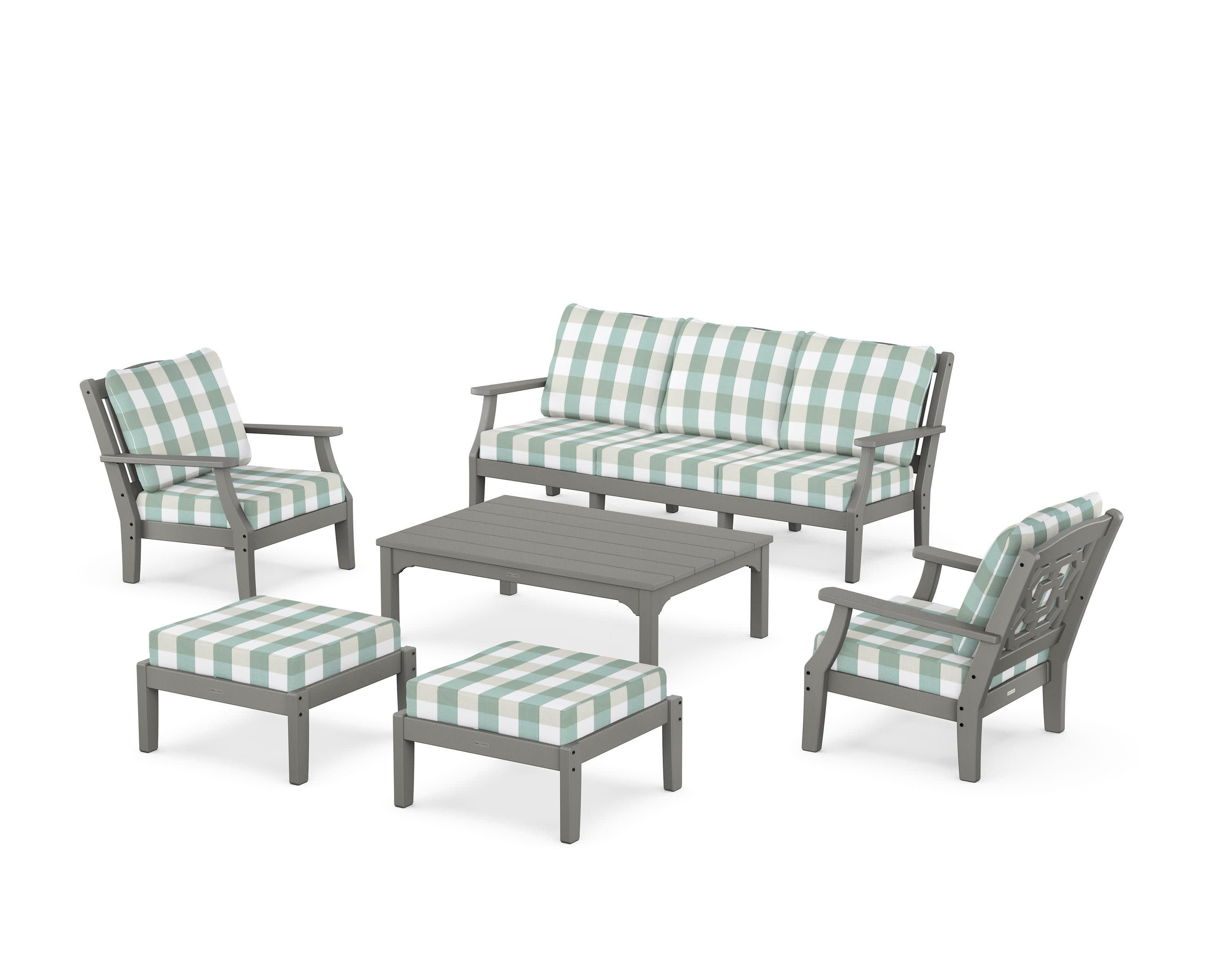 Chinoiserie 6-Piece Lounge Sofa Set in Slate Grey / Buffalo Plaid Glacier Spa