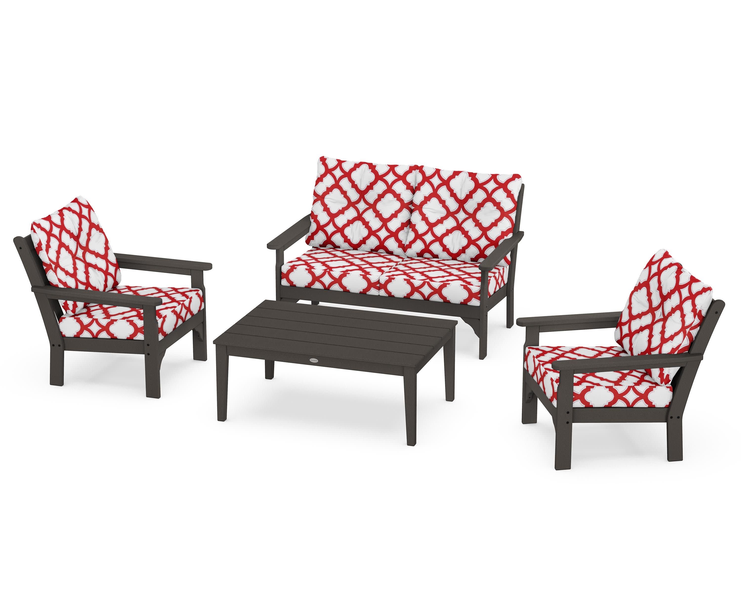 Vineyard 4-Piece Deep Seating Set in Vintage Coffee / Trellis Crimson