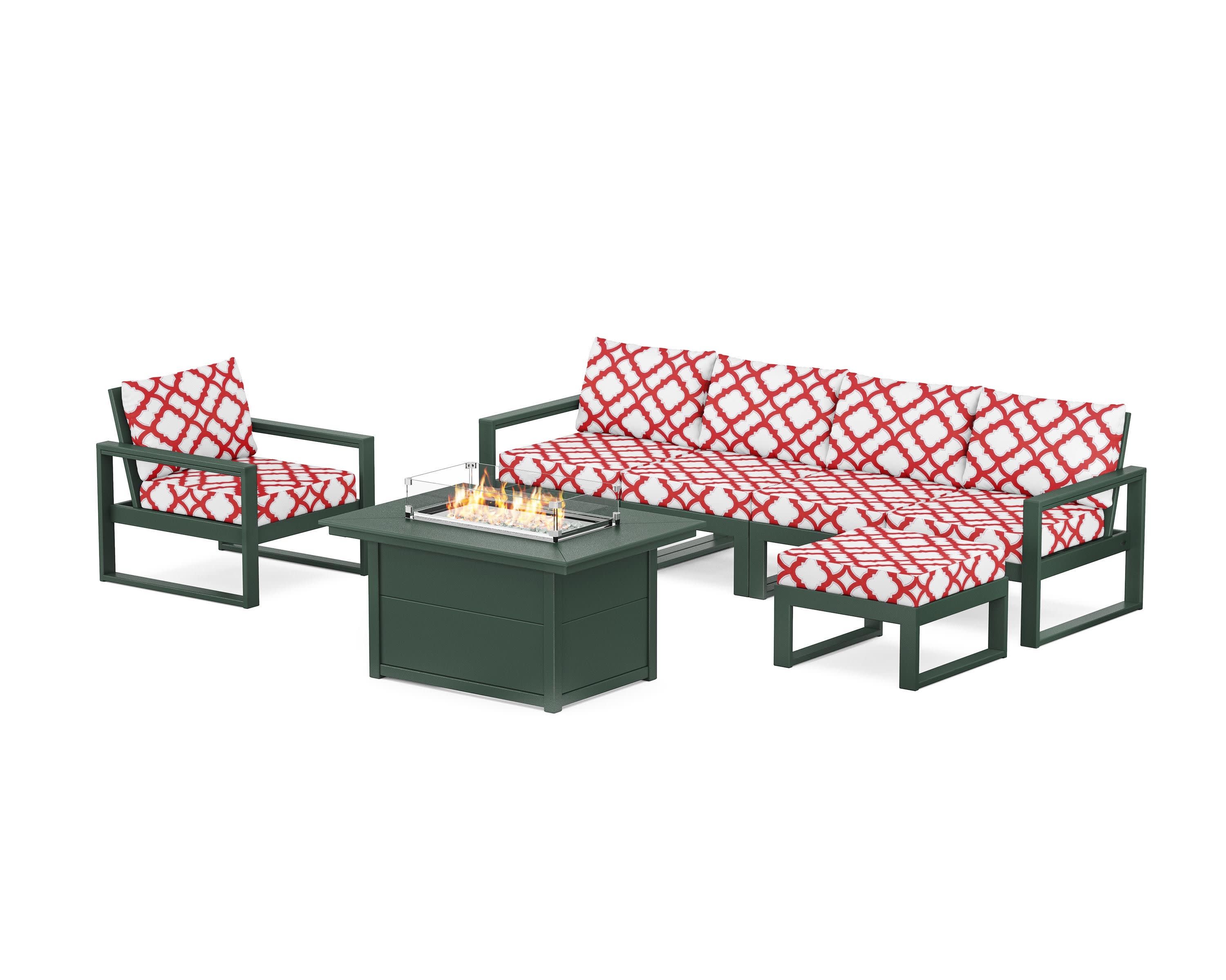 EDGE Sectional Lounge and Fire Pit Set in Green / Trellis Crimson