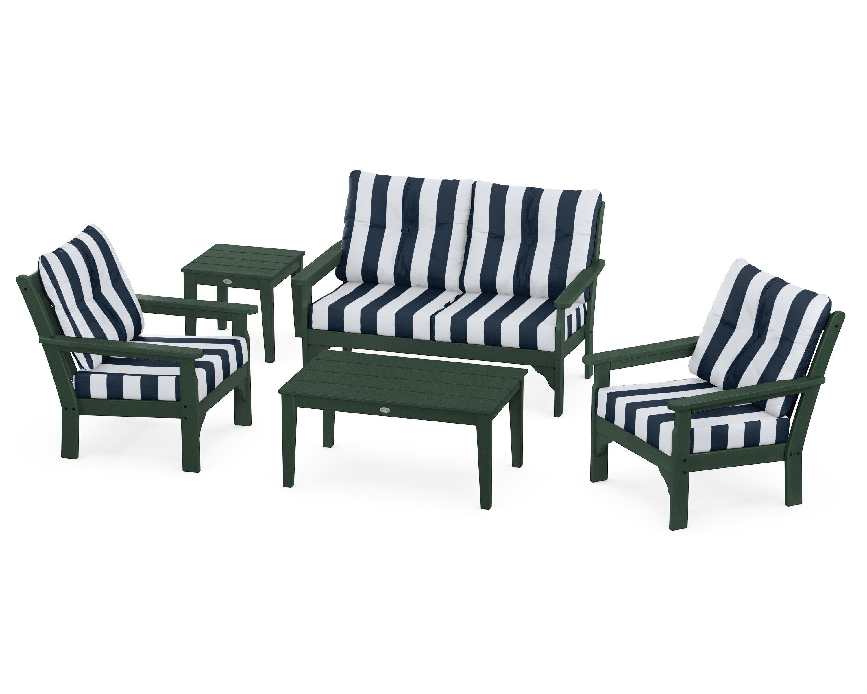 Vineyard 5-Piece Deep Seating Set in Green / Cabana Stripe Marine Indigo