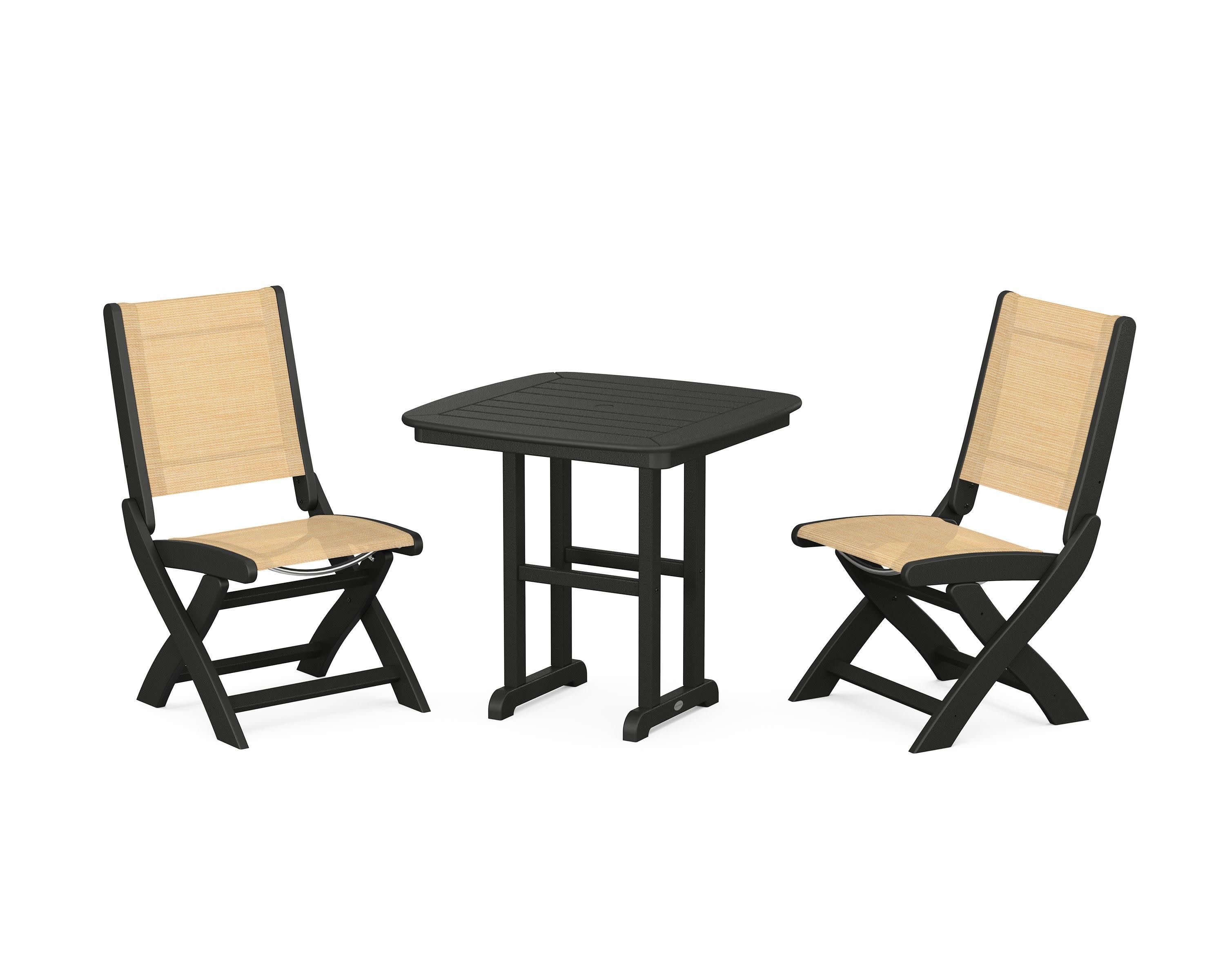 Coastal Folding Side Chair 3-Piece Dining Set in Black / Dupioni Apricot Sling