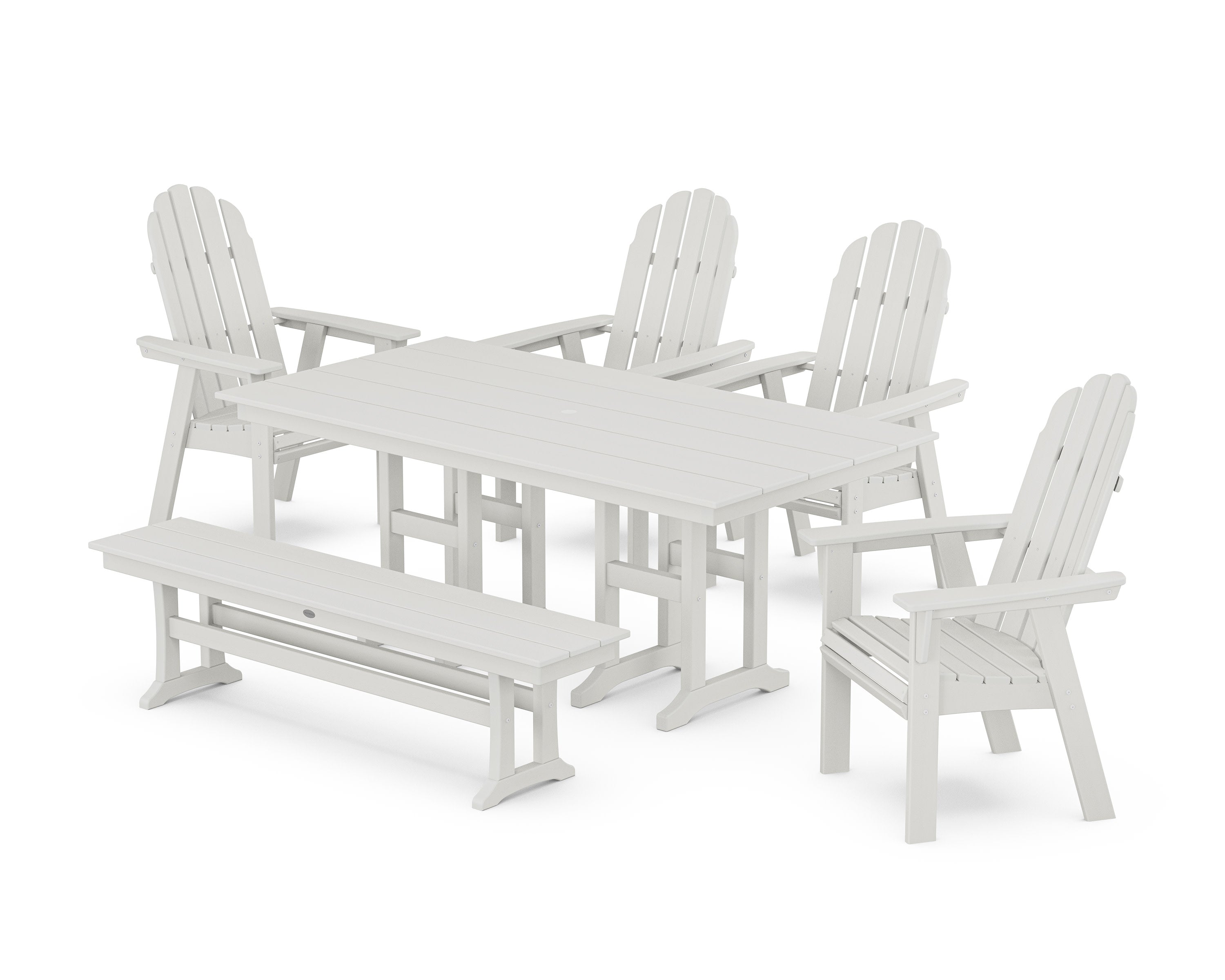 Vineyard Curveback Adirondack Chair 6-Piece Farmhouse Dining Set with Bench in Vintage White
