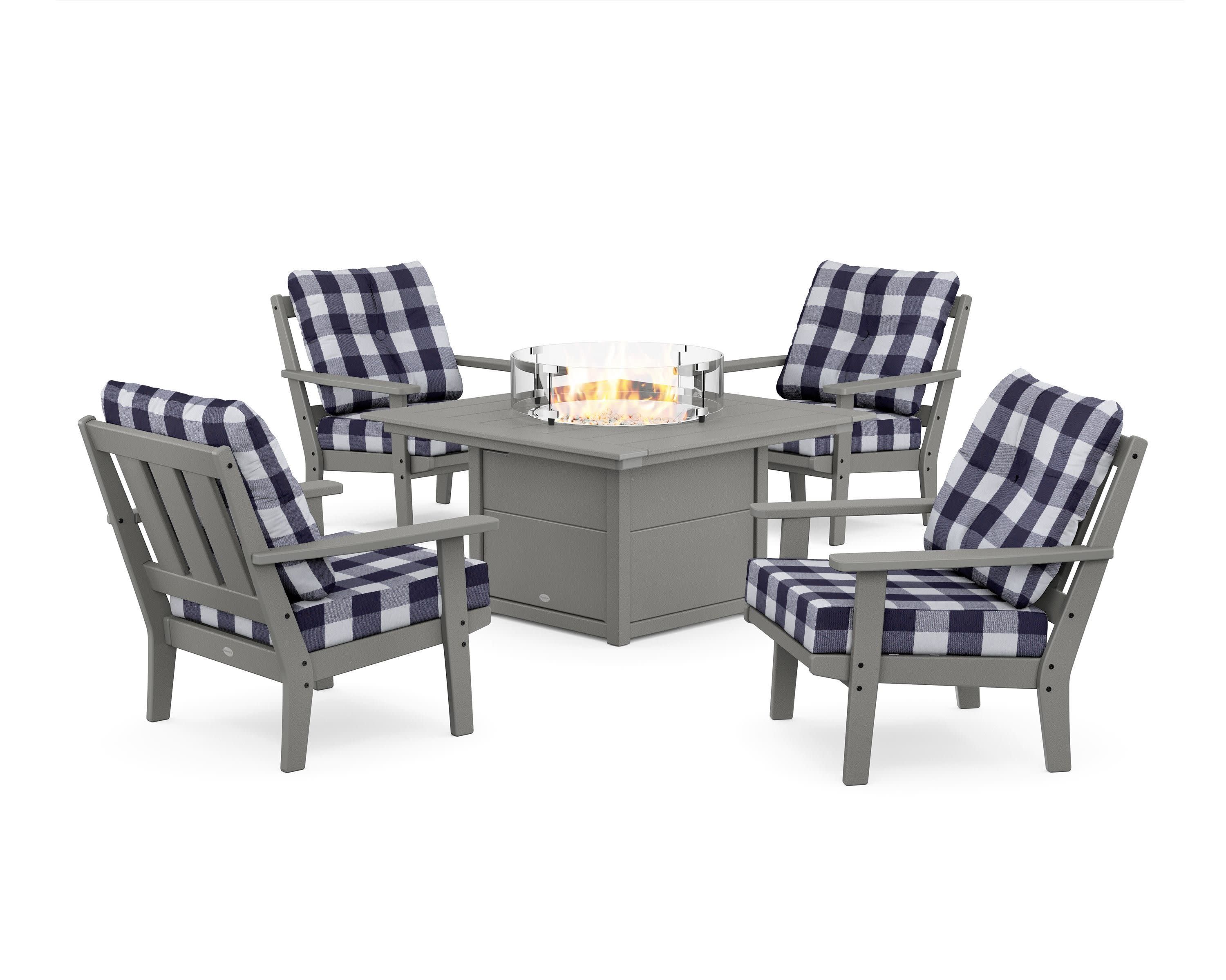 Oxford 5-Piece Deep Seating Set with Fire Pit Table in Slate Grey / Buffalo Plaid Navy