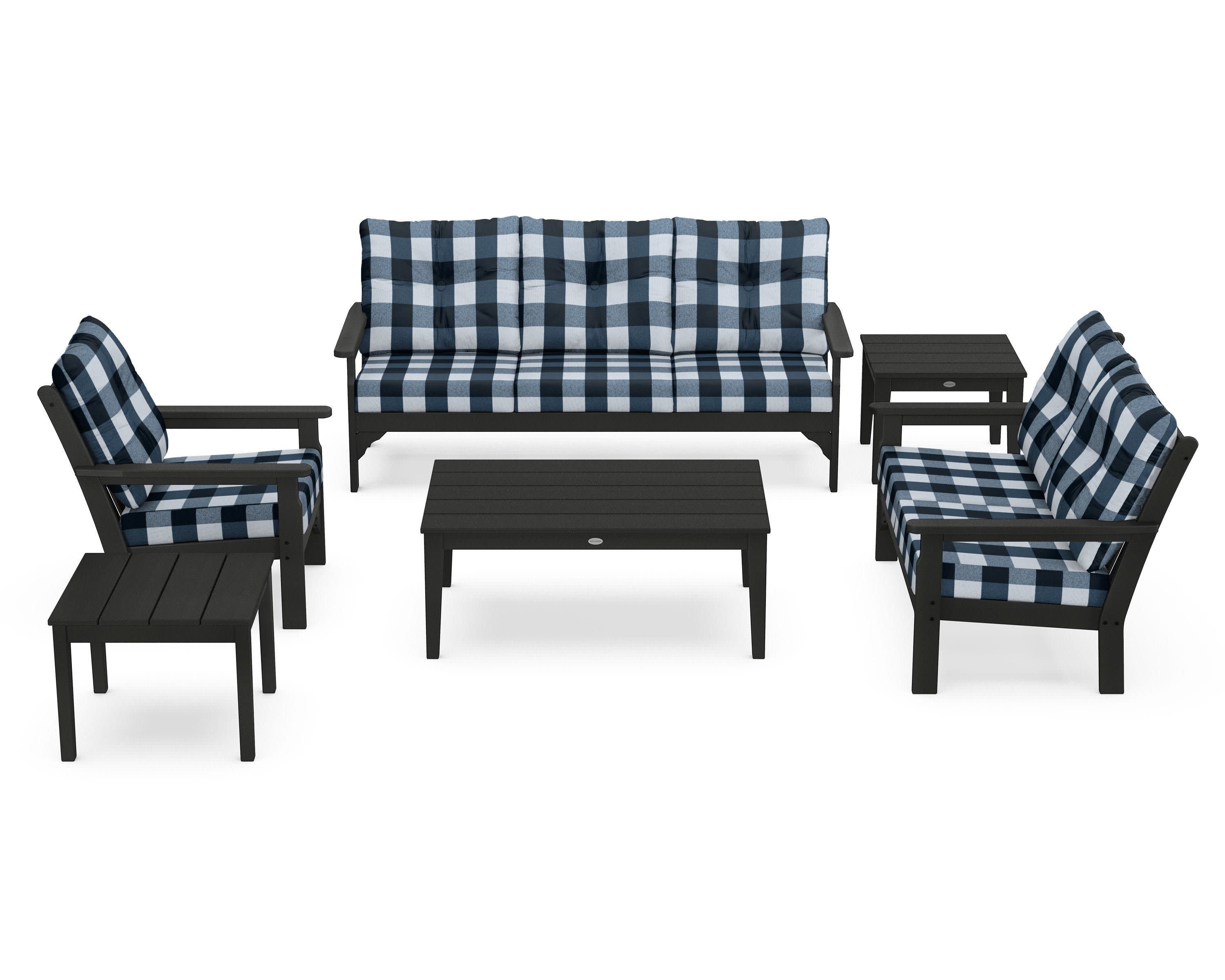 Vineyard 6-Piece Deep Seating Set in Black / Buffalo Plaid Marine Indigo