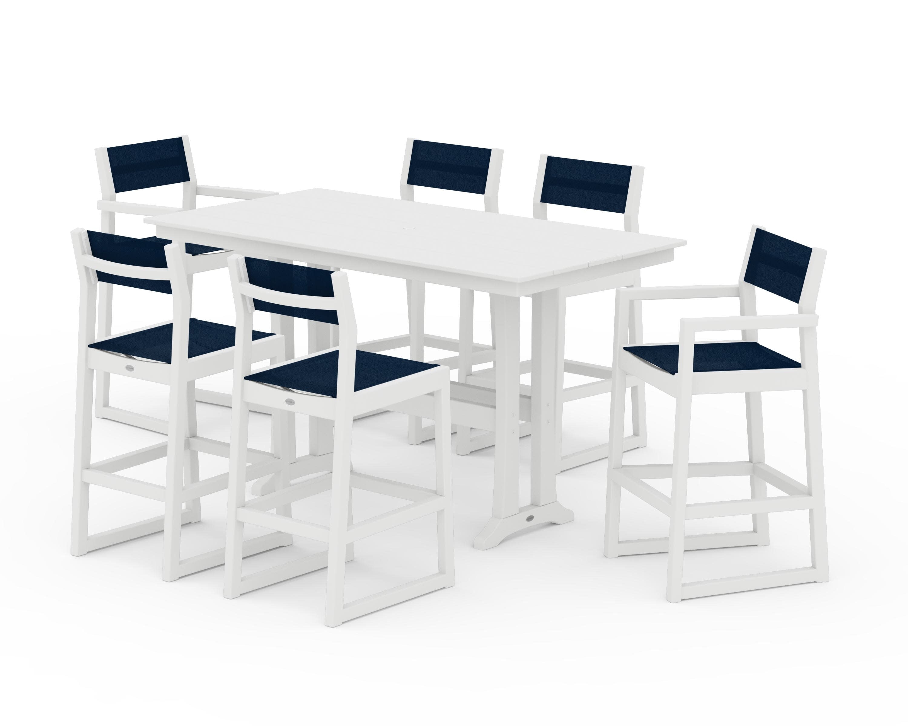 EDGE Sling 7-Piece Farmhouse Bar Set with Trestle Legs in White / Navy Blue Sling