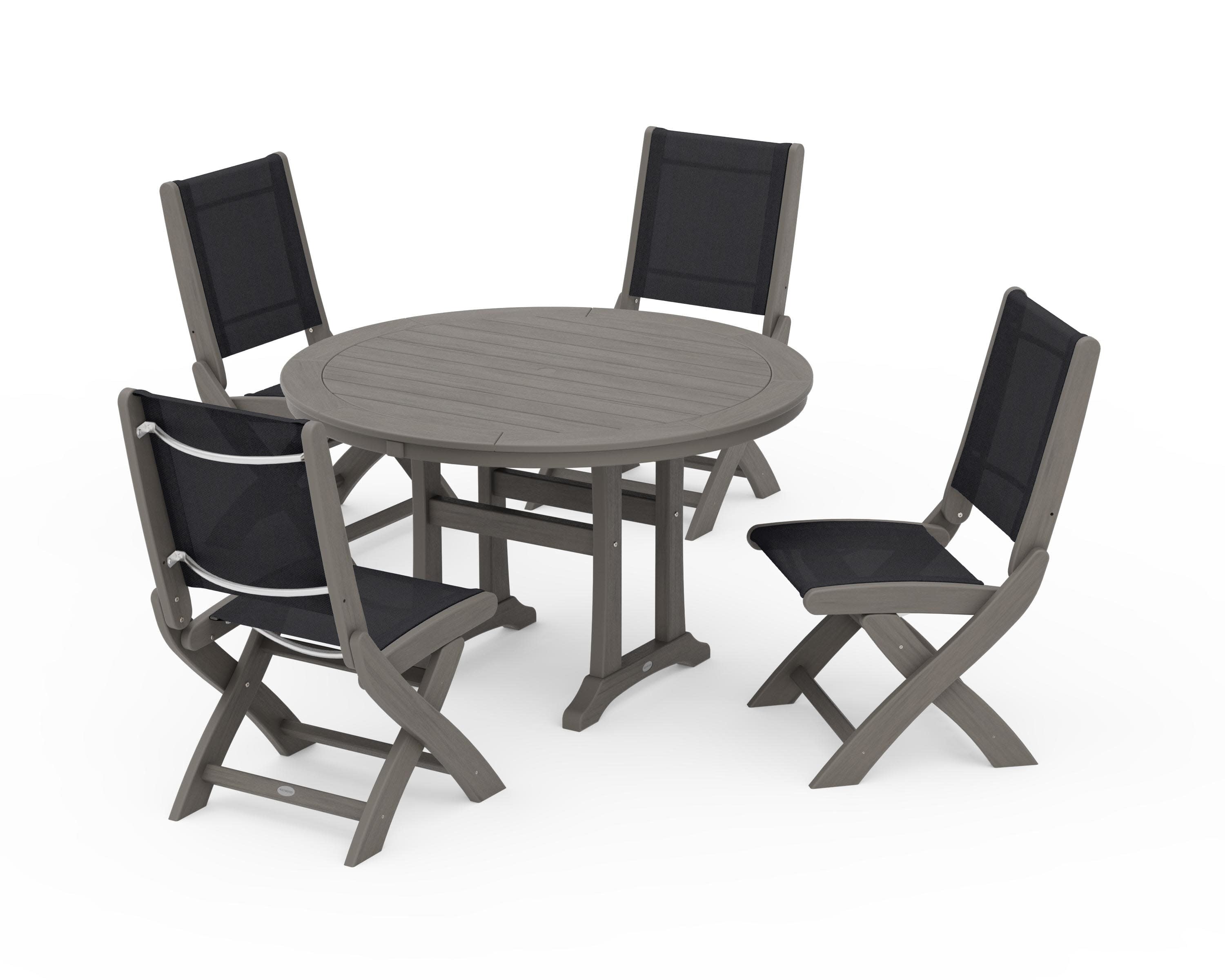 Coastal Folding Side Chair 5-Piece Round Dining Set With Trestle Legs in Driftwood / Black Sling