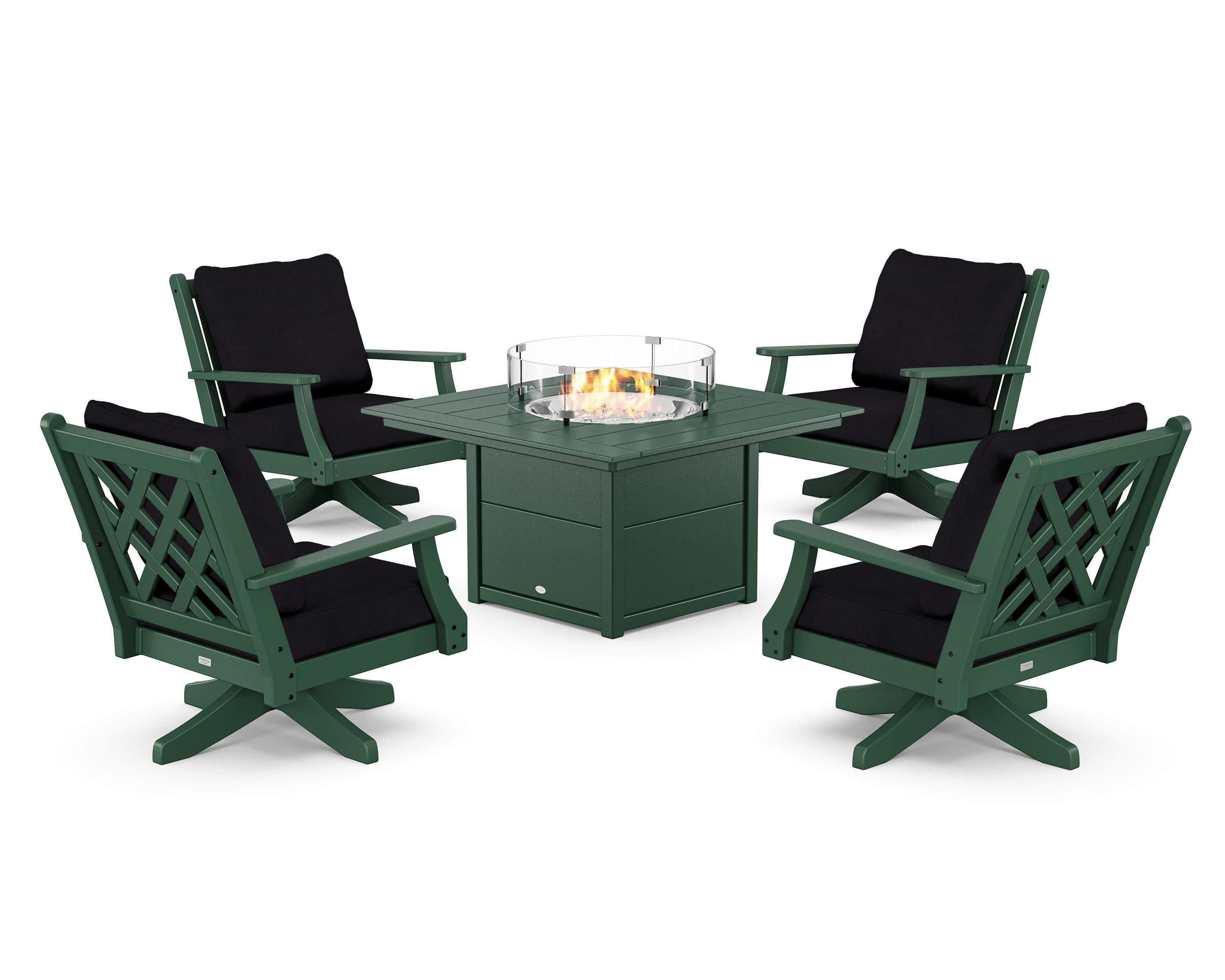Wovendale 5-Piece Deep Seating Swivel Conversation Set with Fire Pit Table in Green / Midnight Linen