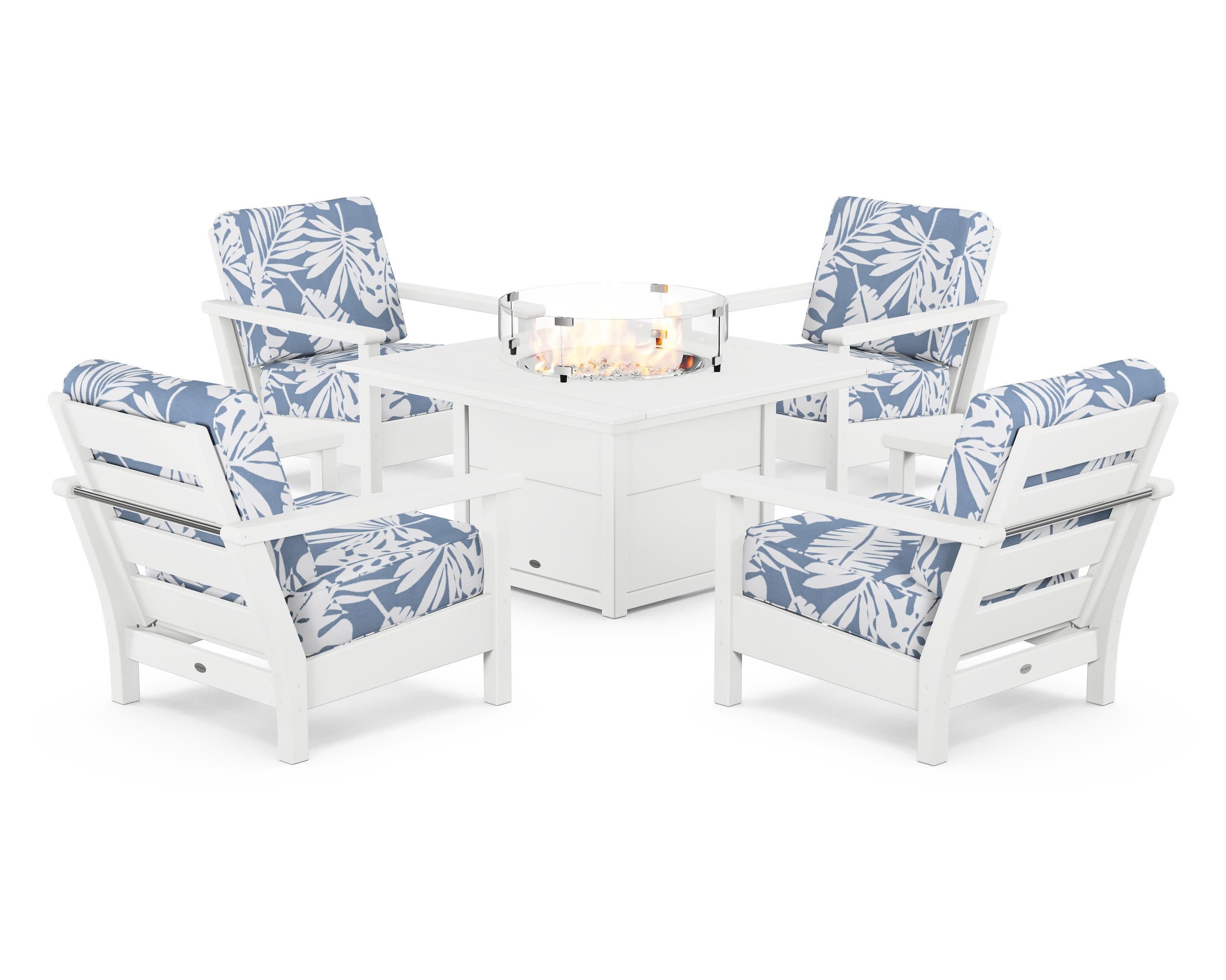 Harbour 5-Piece Conversation Set with Fire Pit Table in White / Leaf Sky Blue