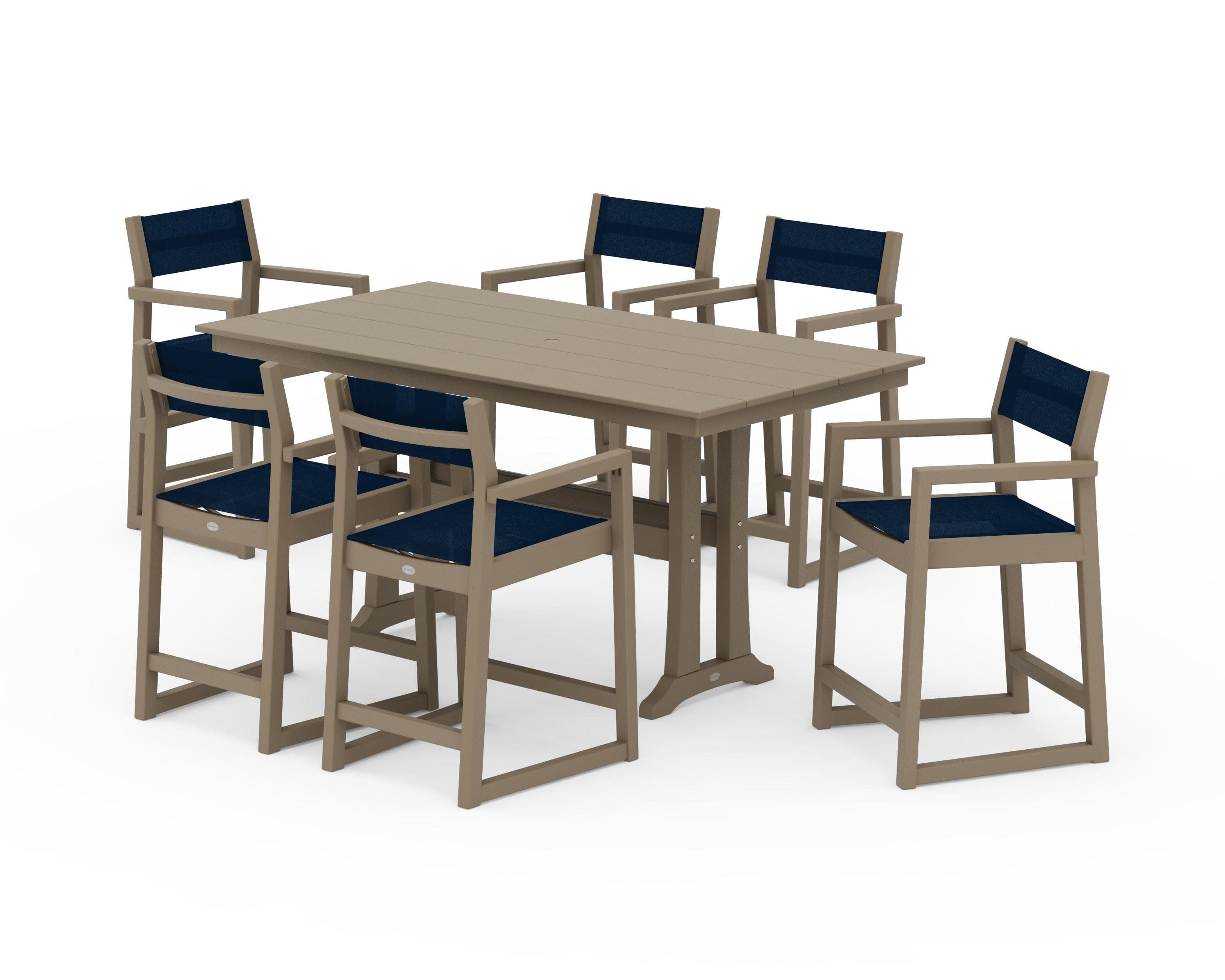 EDGE Sling Arm Chair 7-Piece Farmhouse Counter Set with Trestle Legs in Vintage Sahara / Navy Blue Sling