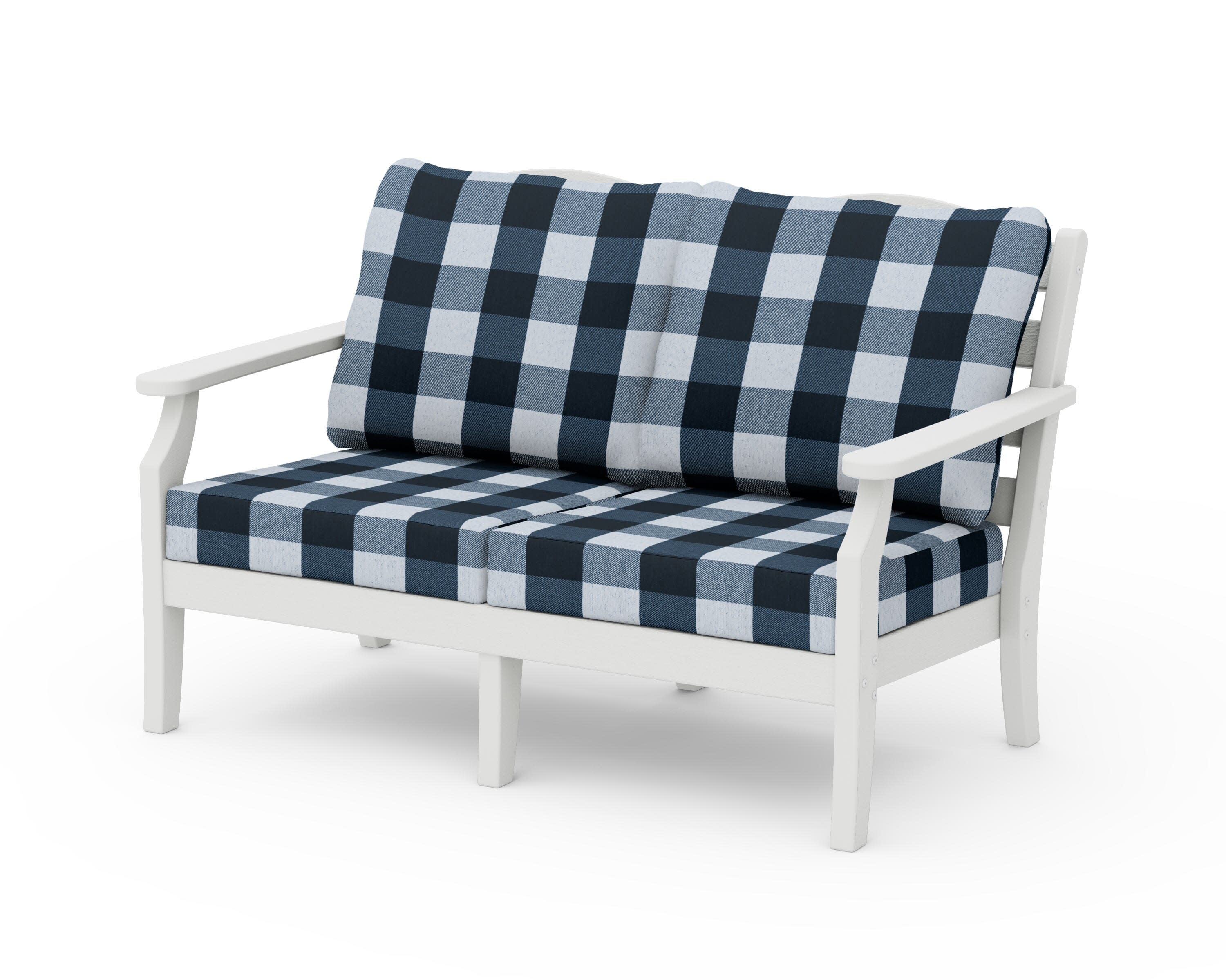Savannah Deep Seating Loveseat in Vintage White / Buffalo Plaid Marine Indigo