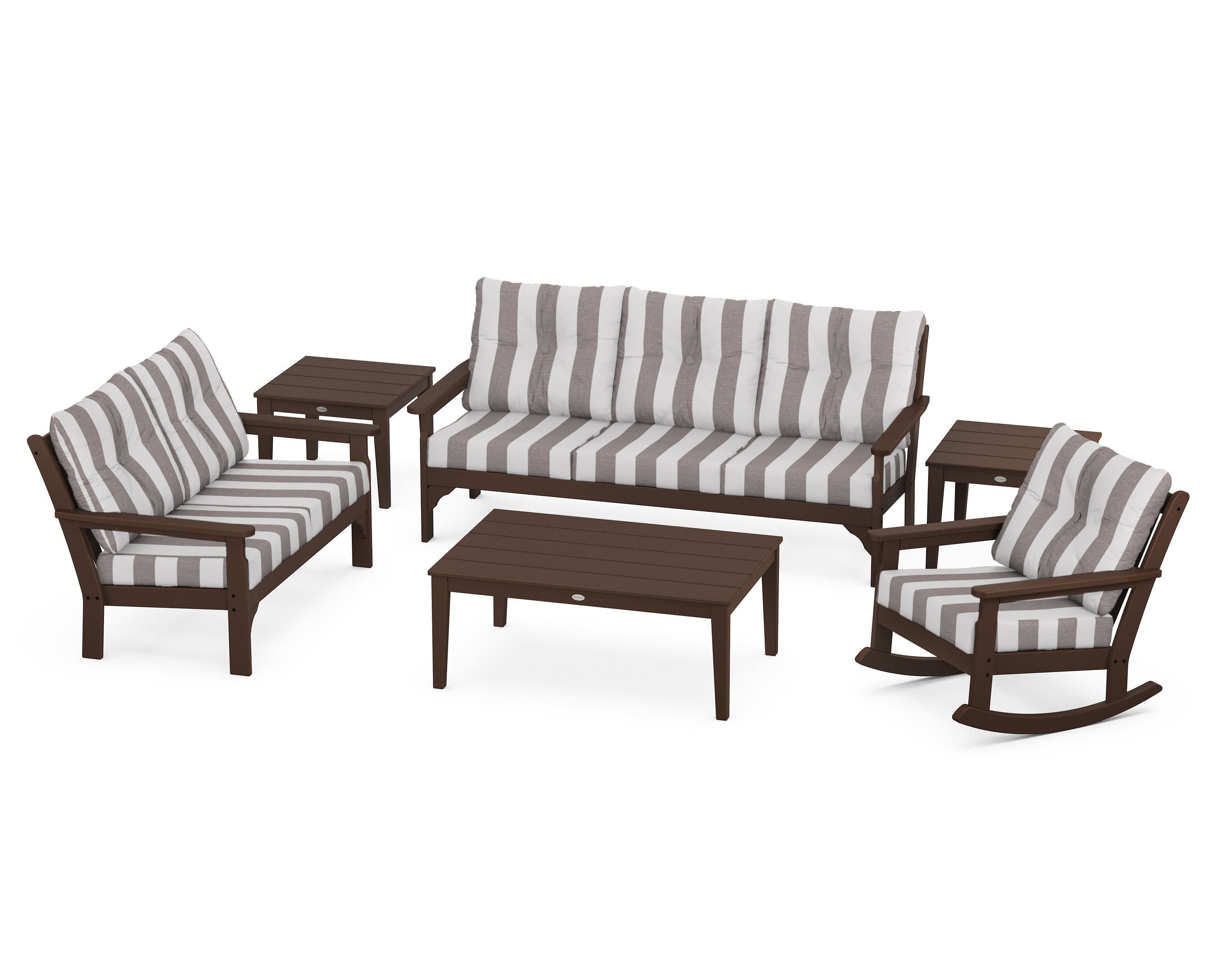 Vineyard 6-Piece Deep Seating Set in Mahogany / Cabana Stripe Grey Mist