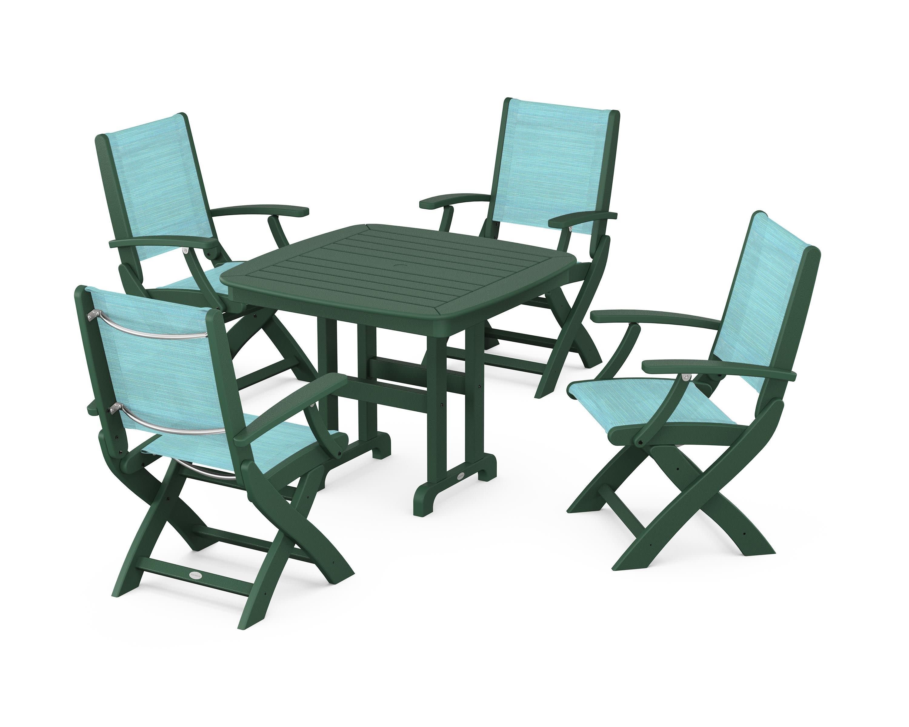 Coastal Folding Chair 5-Piece Dining Set in Green / Dupioni Aquamarine Sling