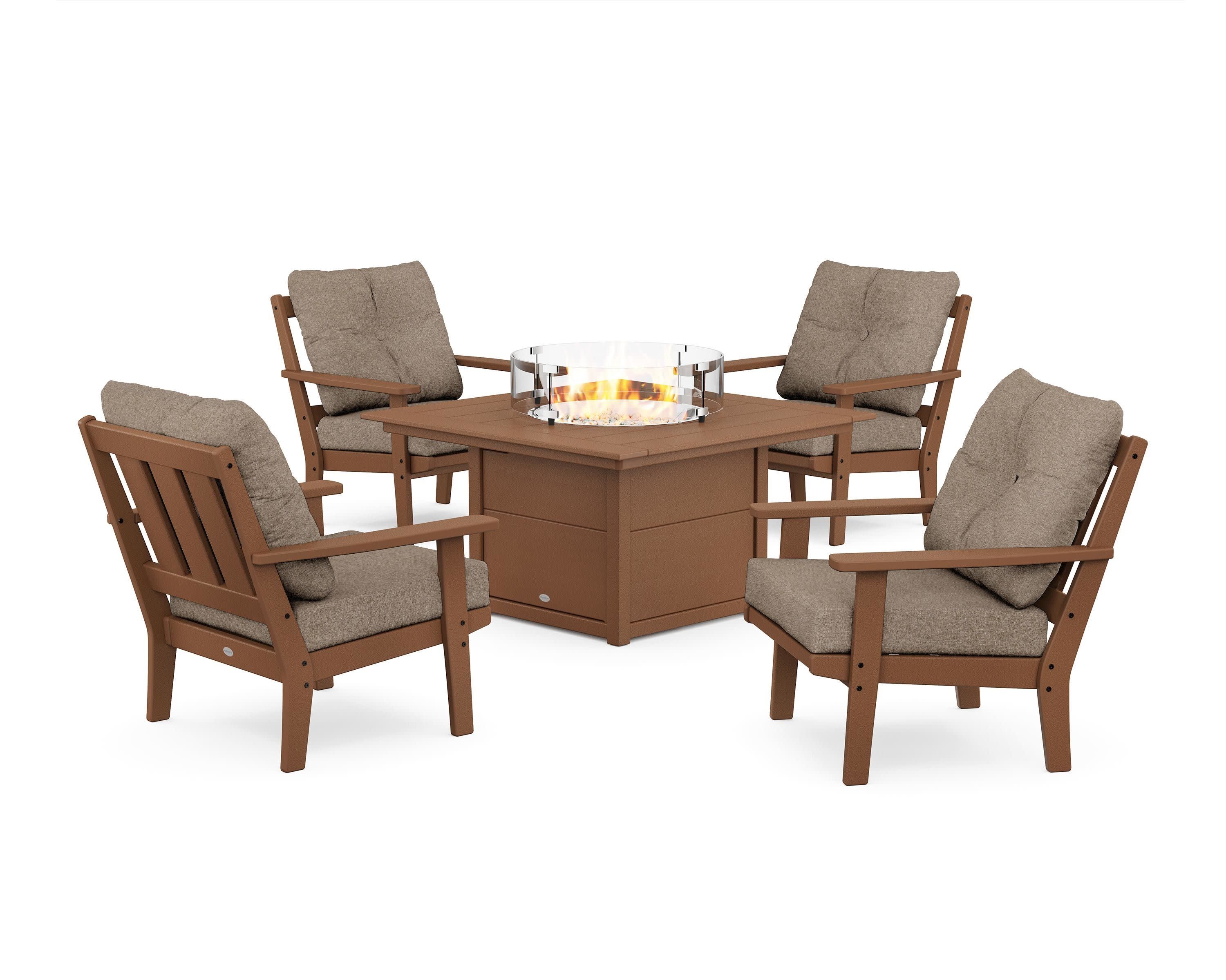 Oxford 5-Piece Deep Seating Set with Fire Pit Table in Teak / Spiced Burlap
