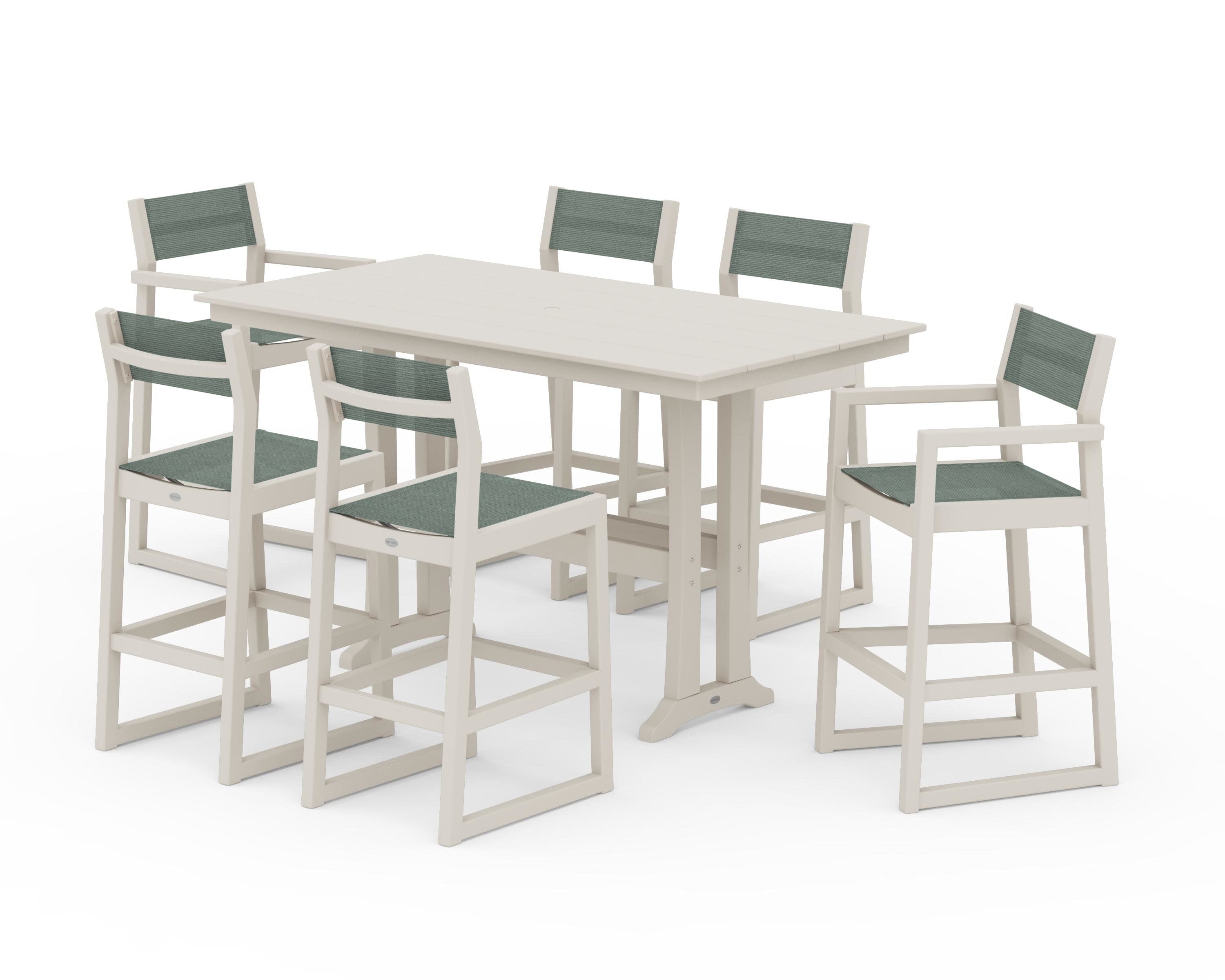 EDGE Sling 7-Piece Farmhouse Bar Set with Trestle Legs in Sand / Dupioni Sea Mist Sling