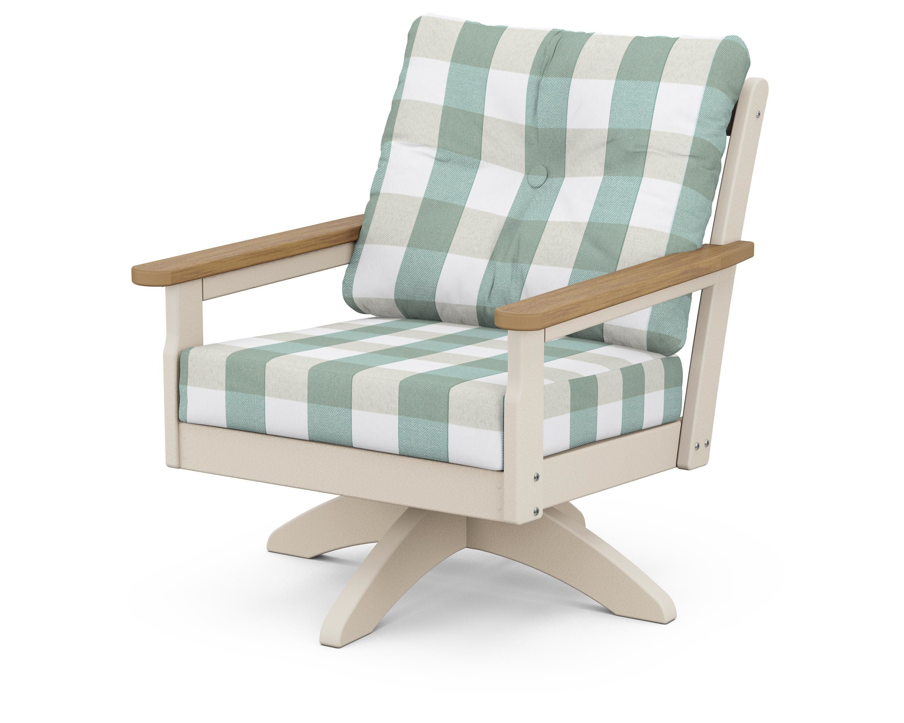 Vineyard Deep Seating Swivel Chair in Sand / Natural / Buffalo Plaid Glacier Spa