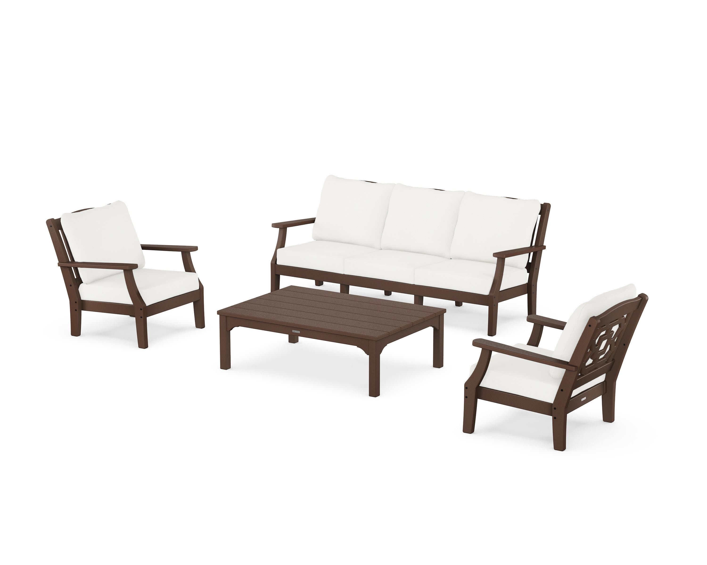 Chinoiserie 4-Piece Deep Seating Set with Sofa in Mahogany / Natural Linen