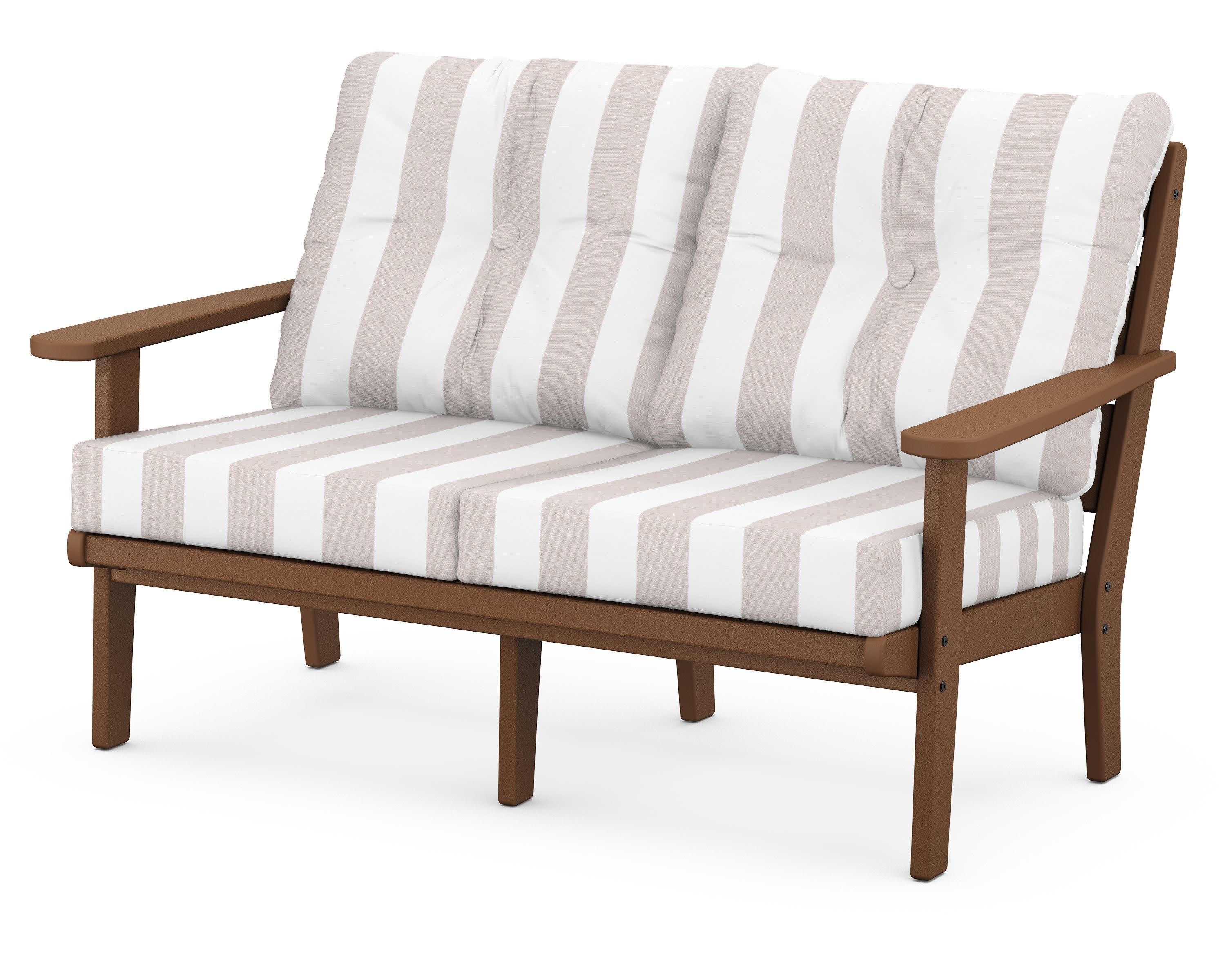 Lakeside Deep Seating Loveseat in Teak / Cabana Stripe Dune Burlap