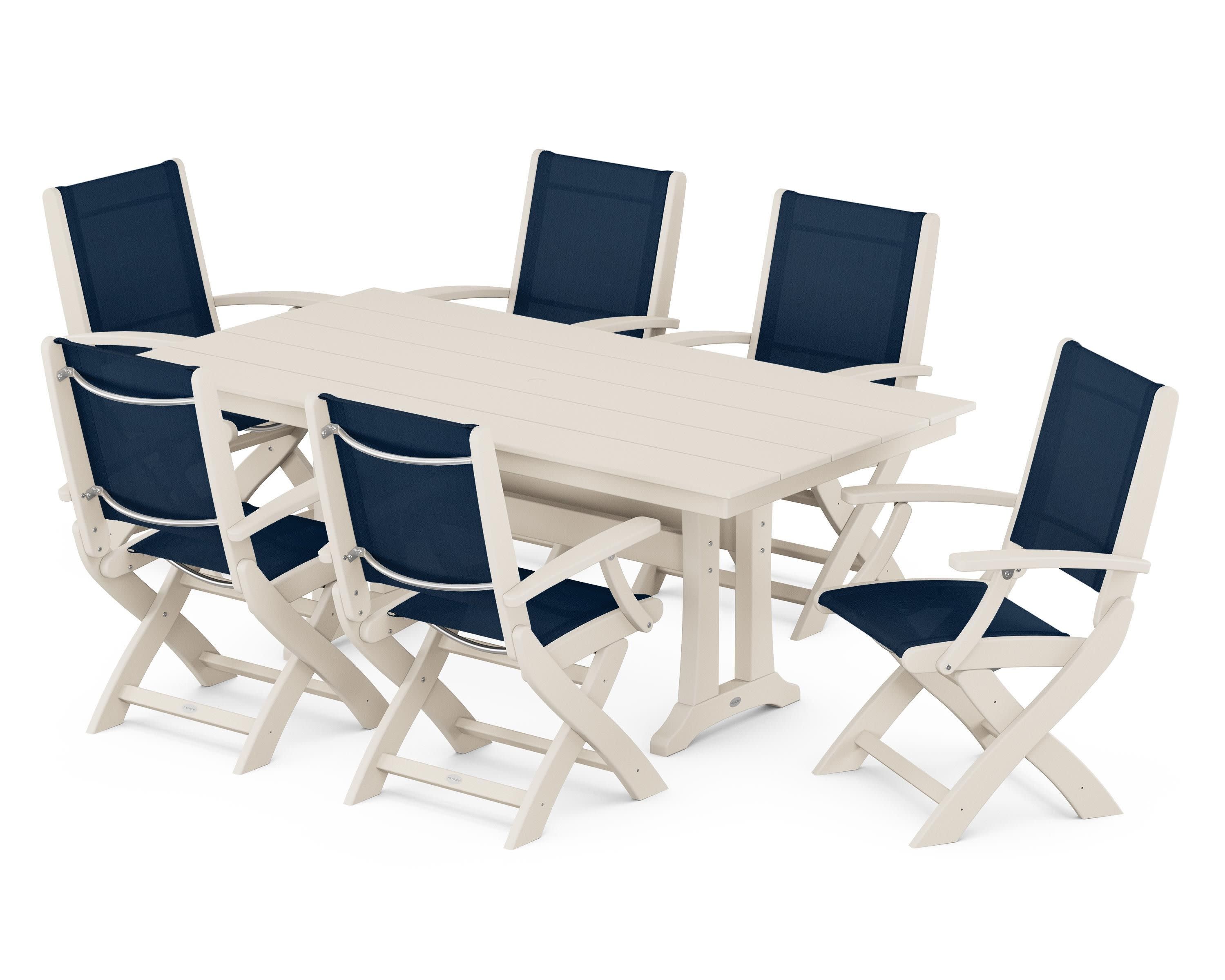 Coastal Folding Arm Chair 7-Piece Farmhouse Dining Set with Trestle Legs in Sand / Navy Blue Sling
