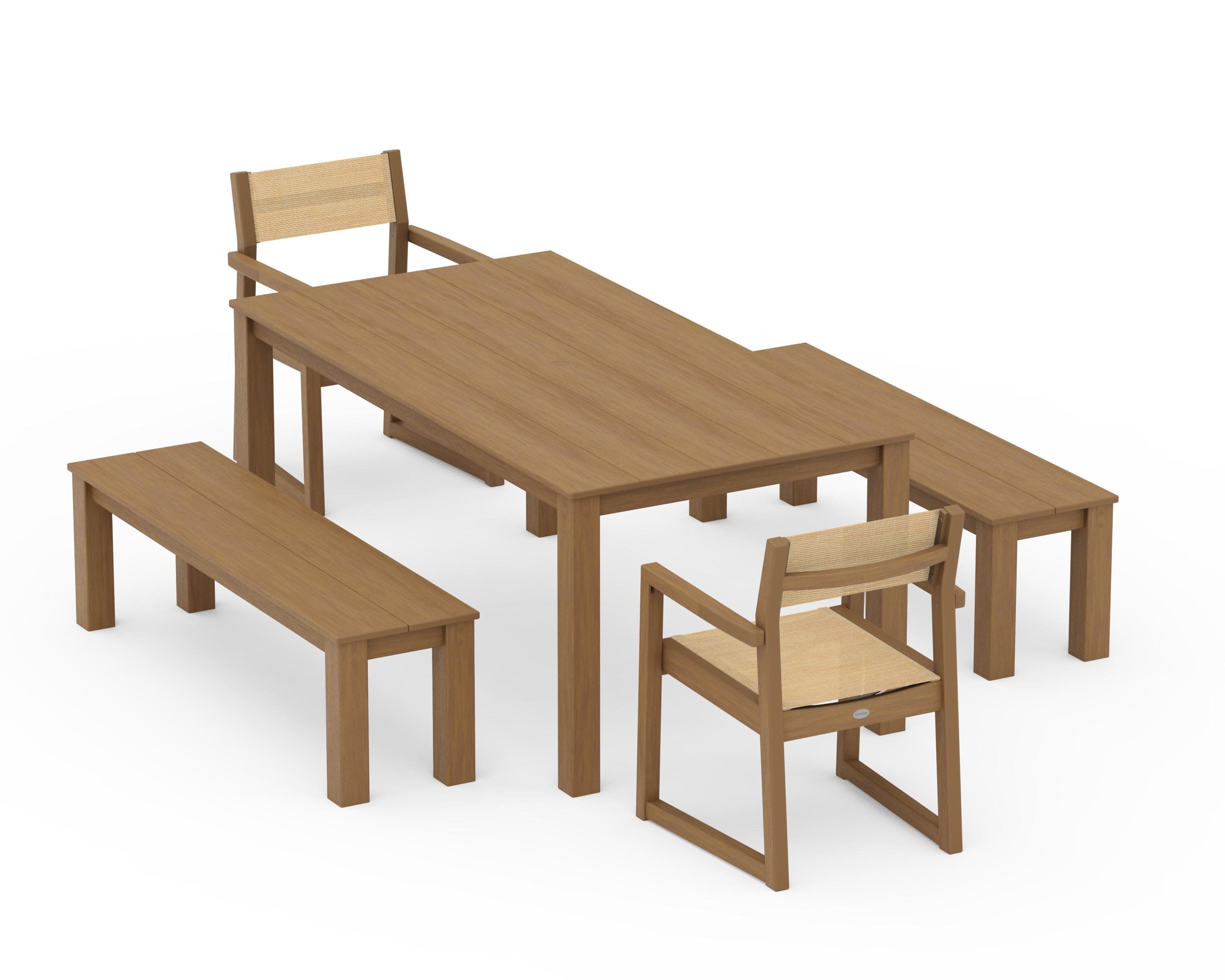 EDGE Sling Arm Chair 5-Piece Parsons Dining Set with Benches in Natural / Dupioni Apricot Sling