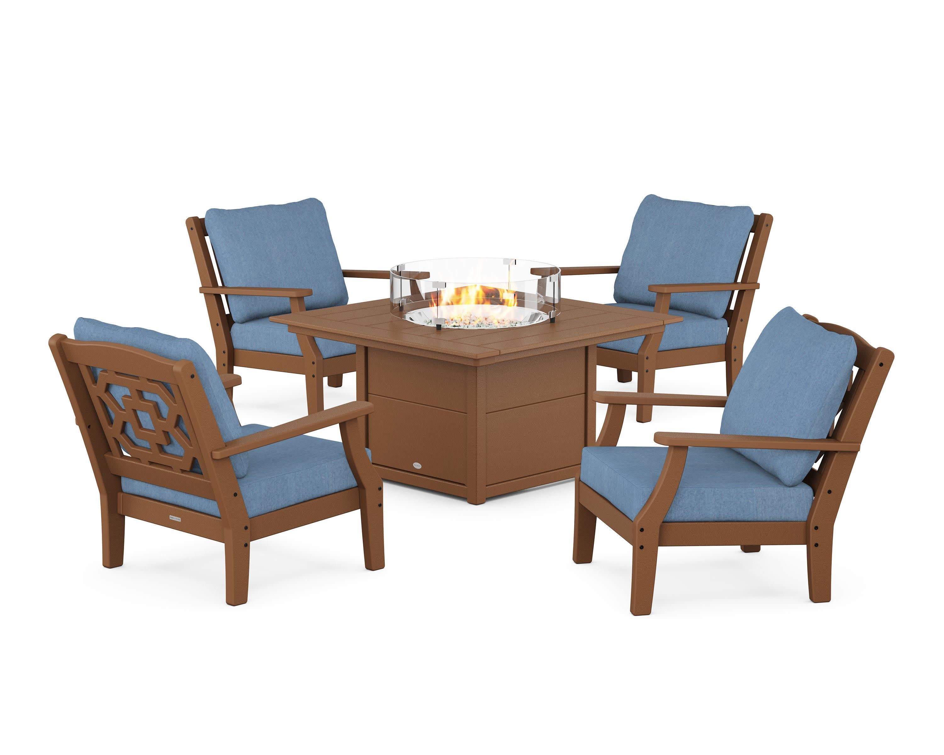 Chinoiserie 5-Piece Deep Seating Set with Fire Pit Table in Teak / Sky Blue