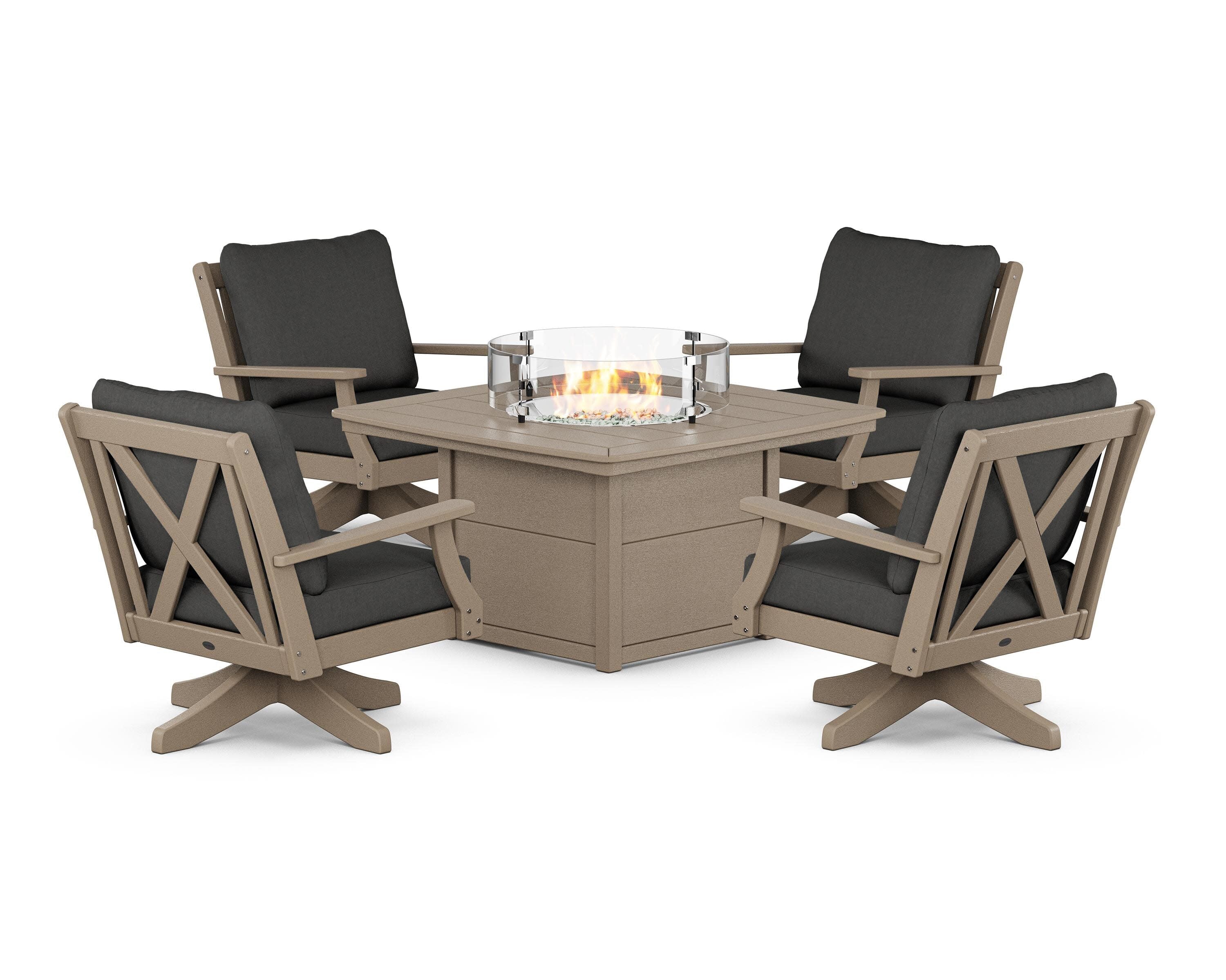 Braxton 5-Piece Deep Seating Swivel Conversation Set with Fire Pit Table in Vintage Sahara / Spectrum Carbon