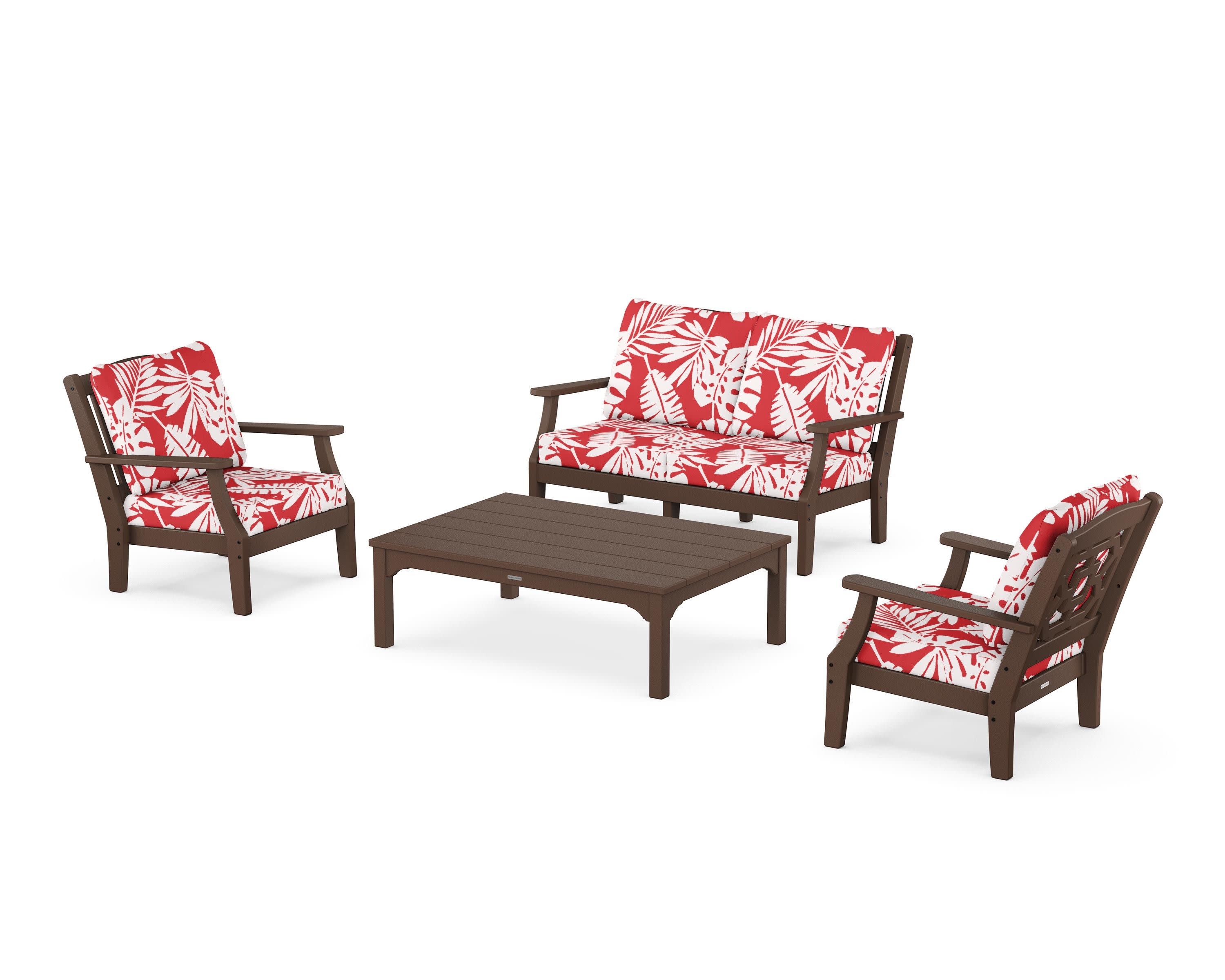 Chinoiserie 4-Piece Deep Seating Set with Loveseat in Mahogany / Leaf Crimson
