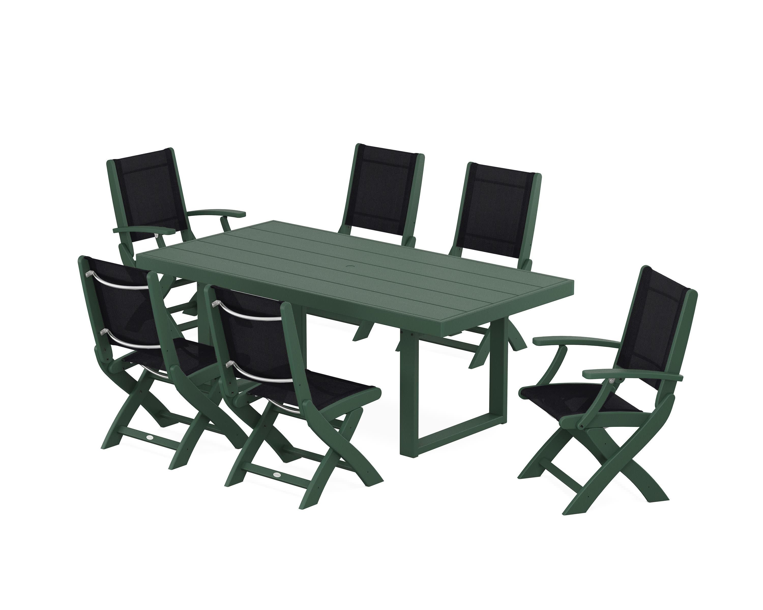 Coastal Folding Chair 7-Piece Dining Set with Trestle Legs in Green / Black Sling