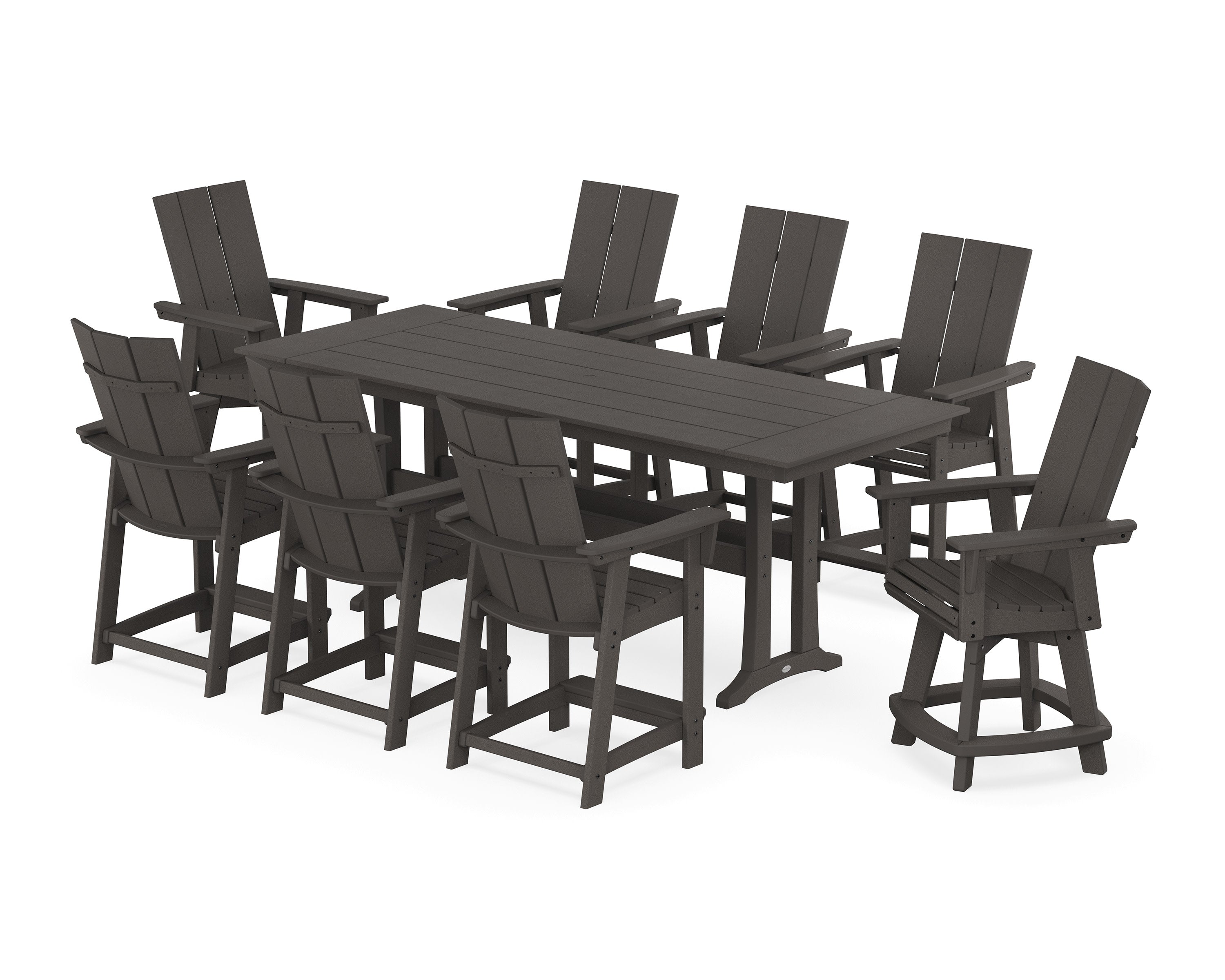 Modern Curveback Adirondack Swivel 9-Piece Farmhouse Counter Set with Trestle Legs in Vintage Coffee