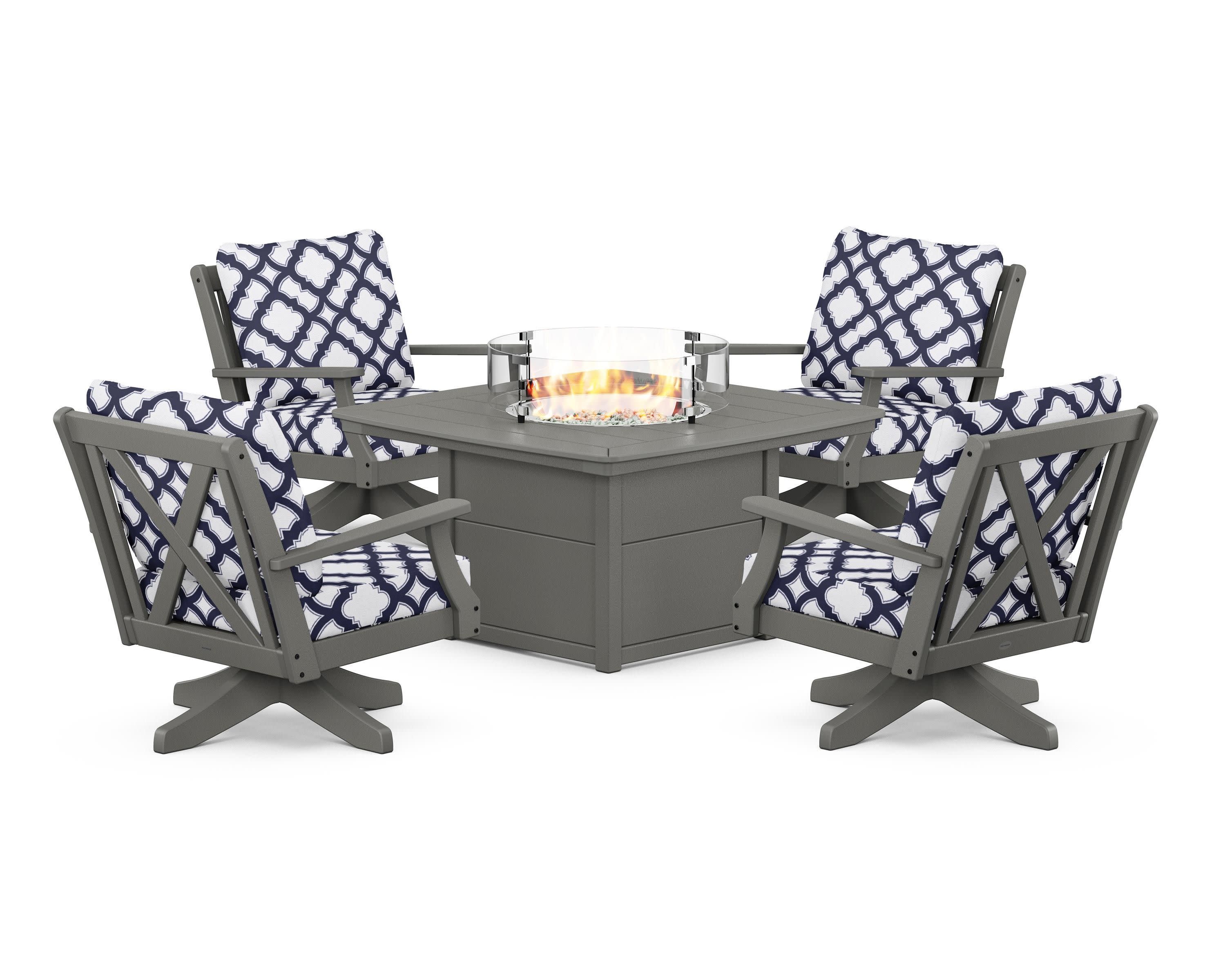 Braxton 5-Piece Deep Seating Swivel Conversation Set with Fire Pit Table in Slate Grey / Trellis Navy