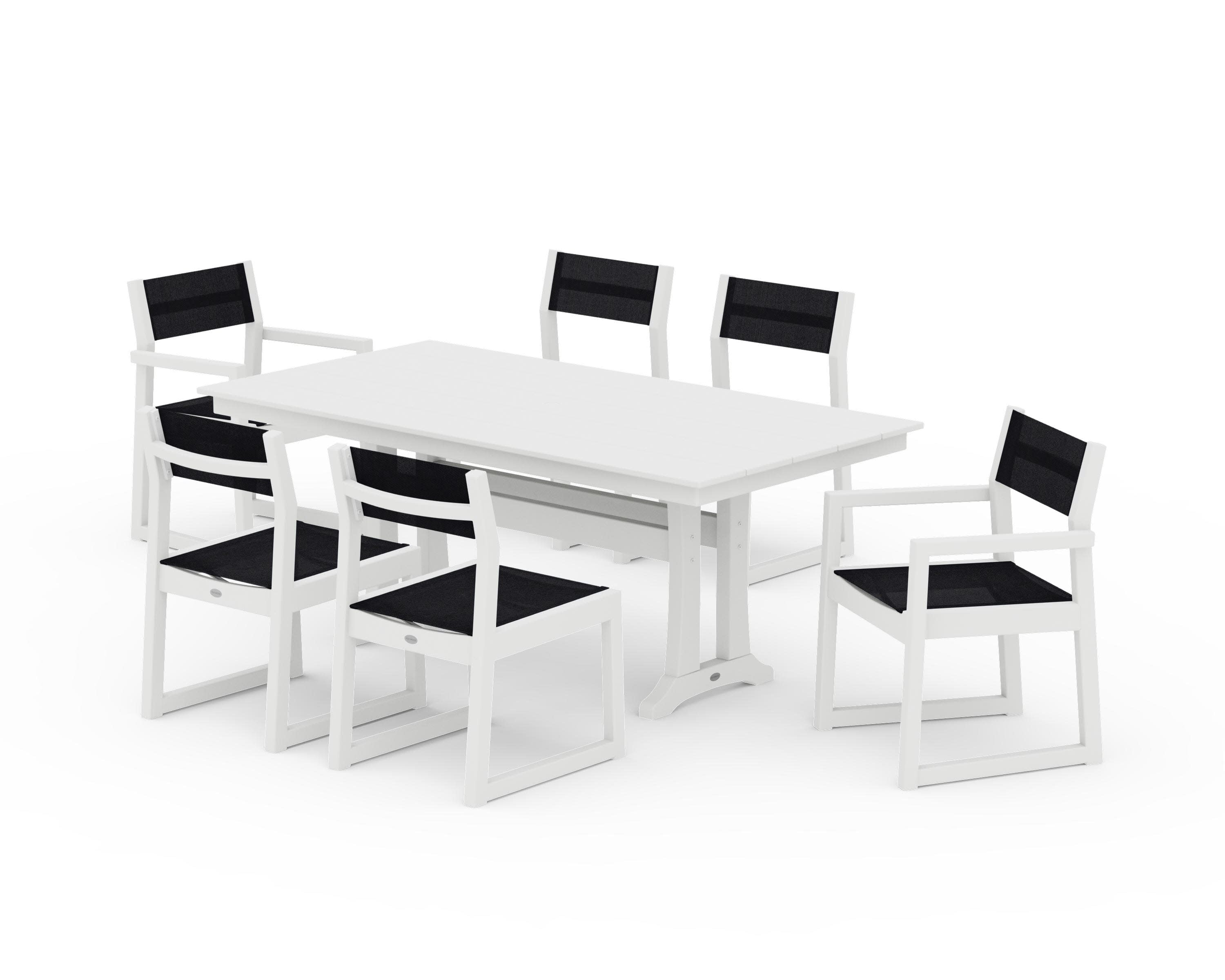 EDGE Sling 7-Piece Farmhouse Trestle Dining Set in White / Black Sling
