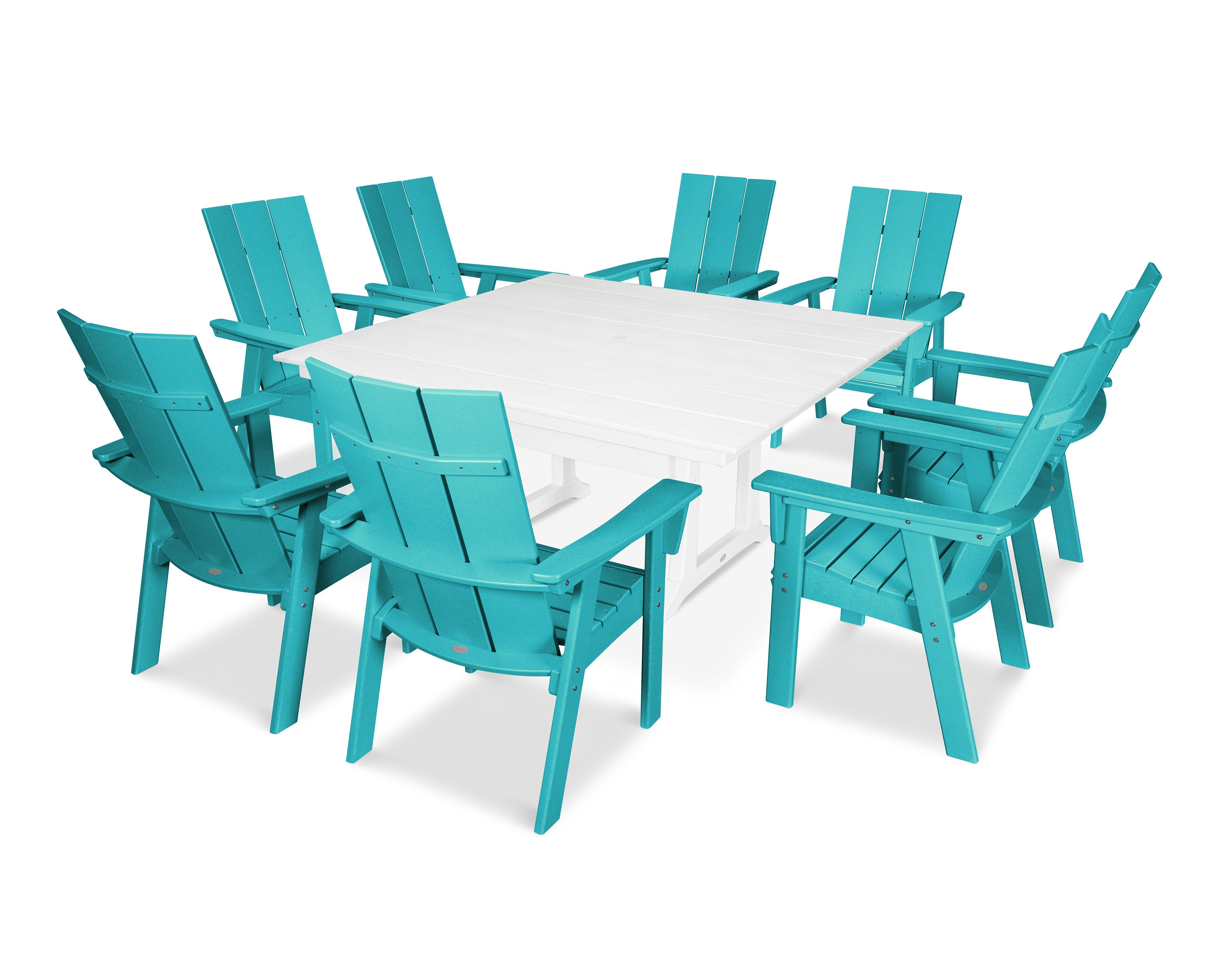 Modern Curveback Adirondack 9-Piece Farmhouse Trestle Dining Set in Aruba / White